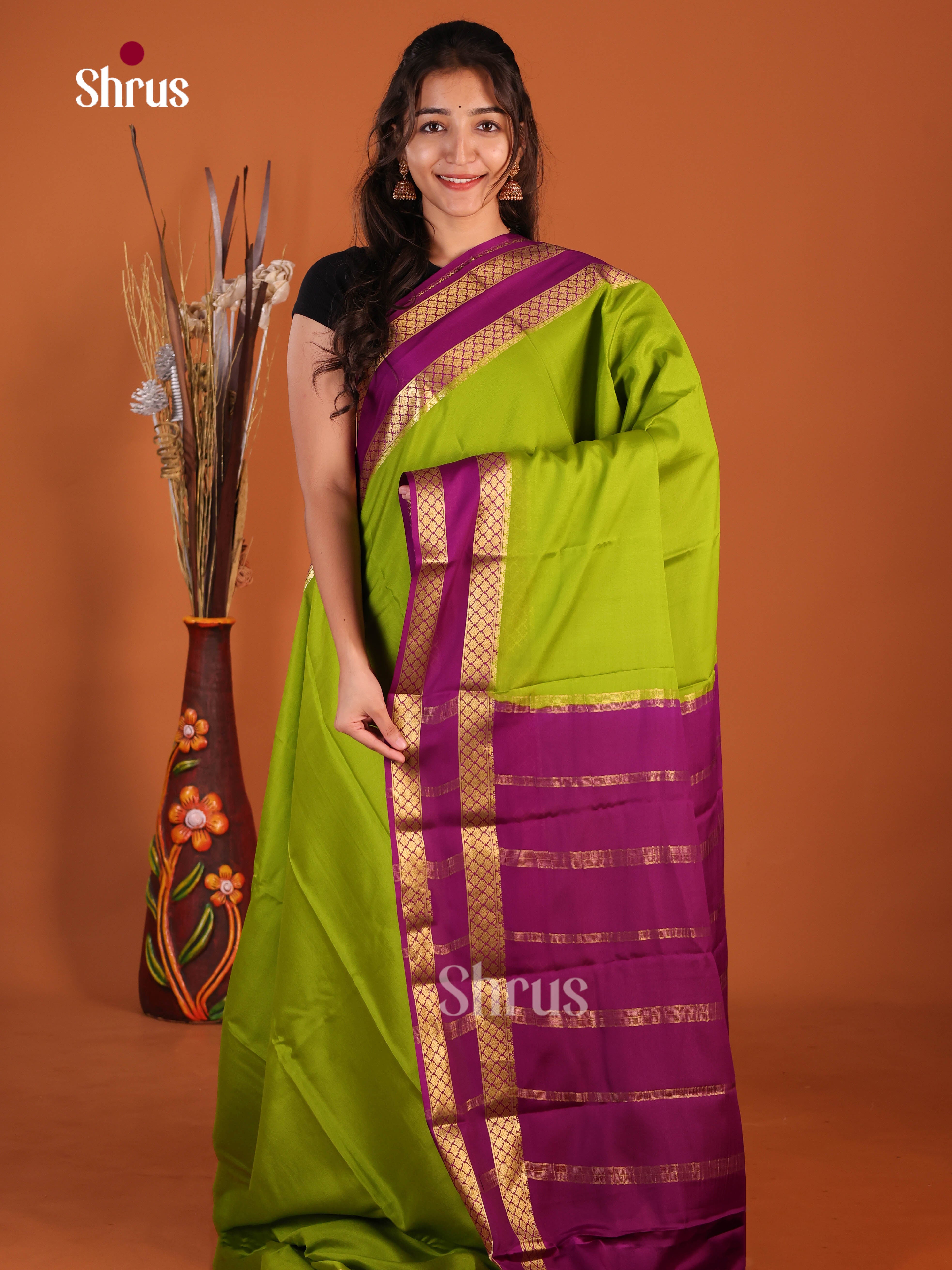 green magenta doble border Mysore Silk Saree