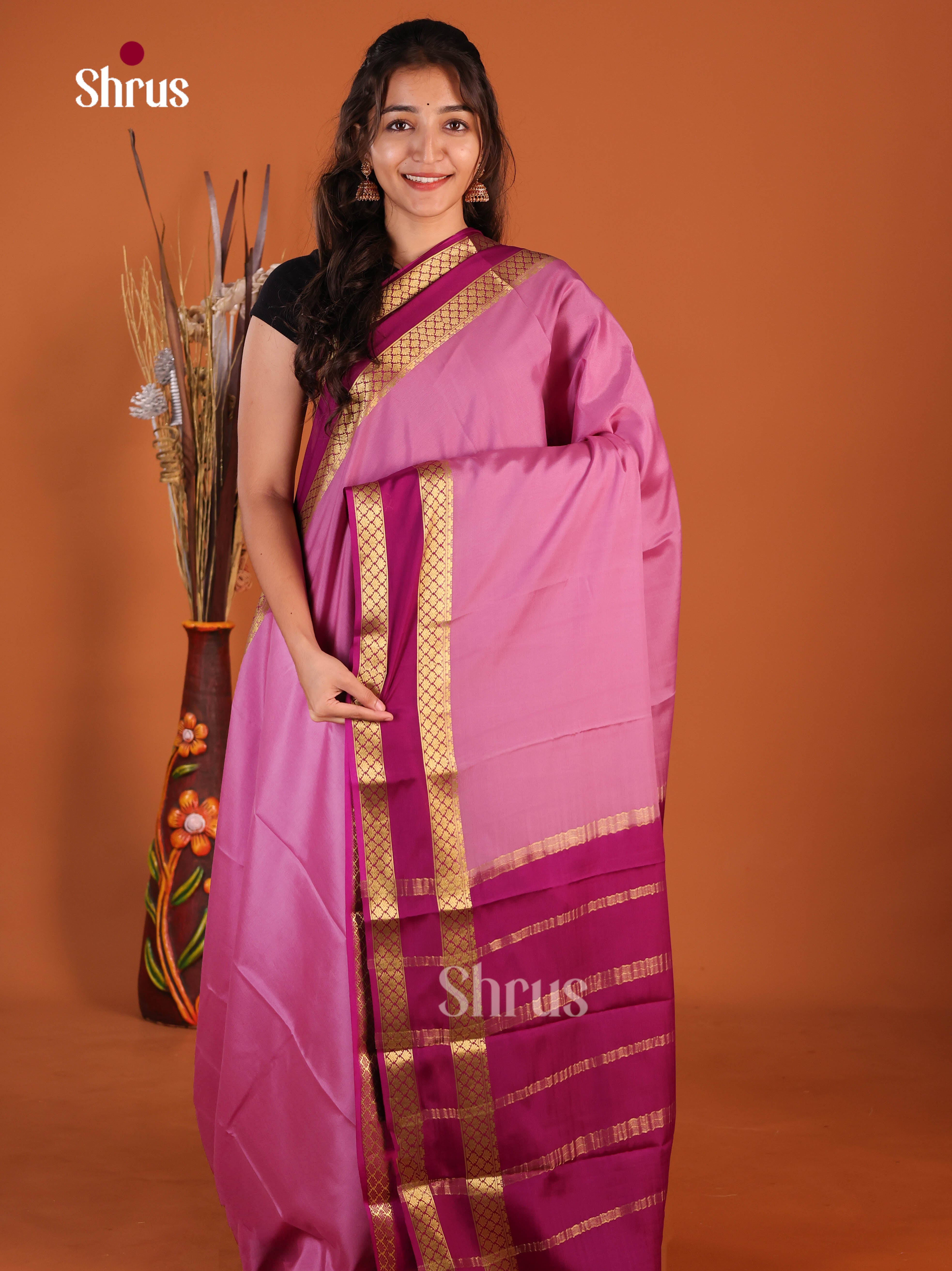 light pink majenta border Mysore Silk Saree