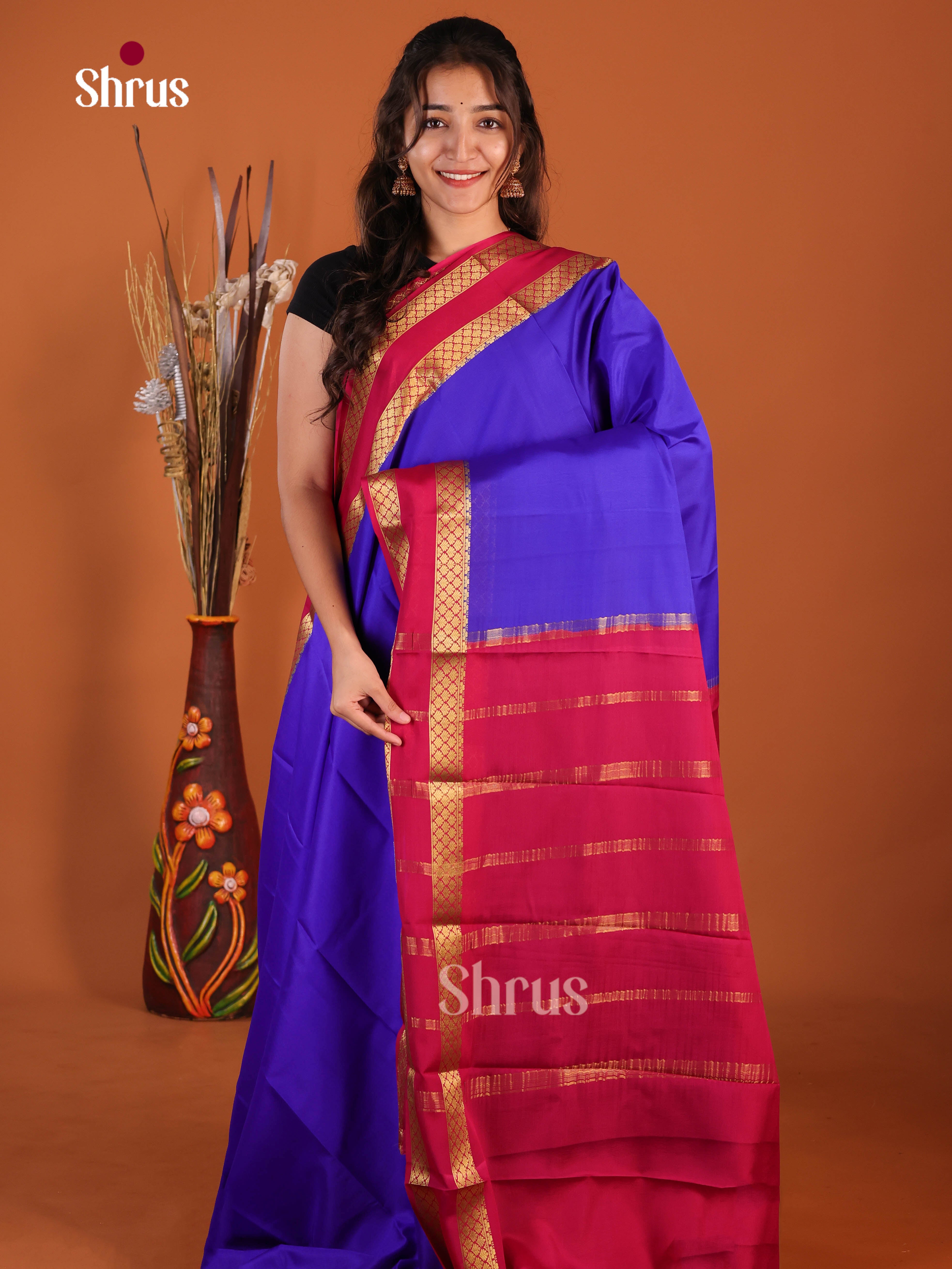 blue red zari border Mysore Silk Saree