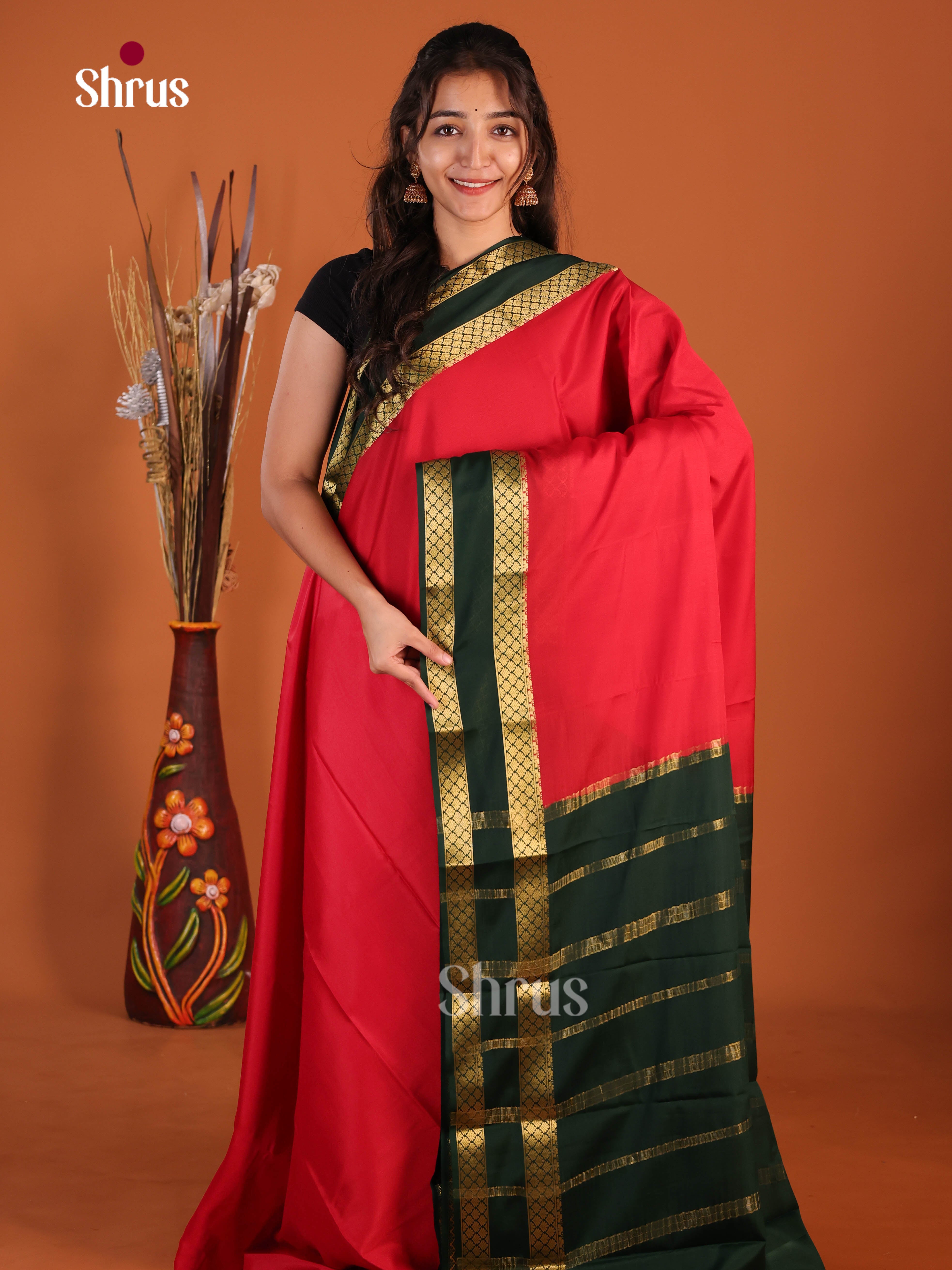 red green doble border Mysore Silk Saree