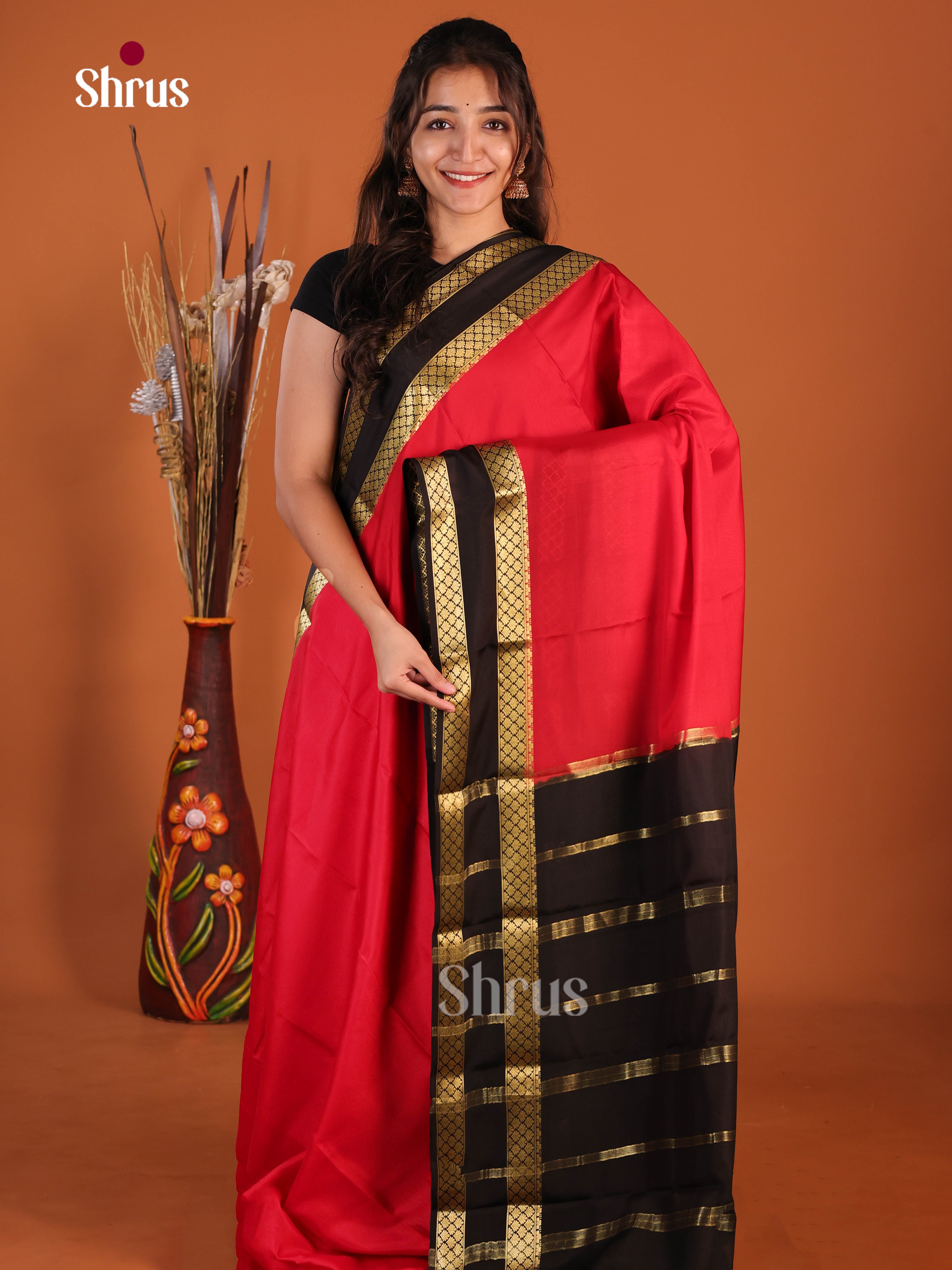 red brown zari border Mysore Silk Saree