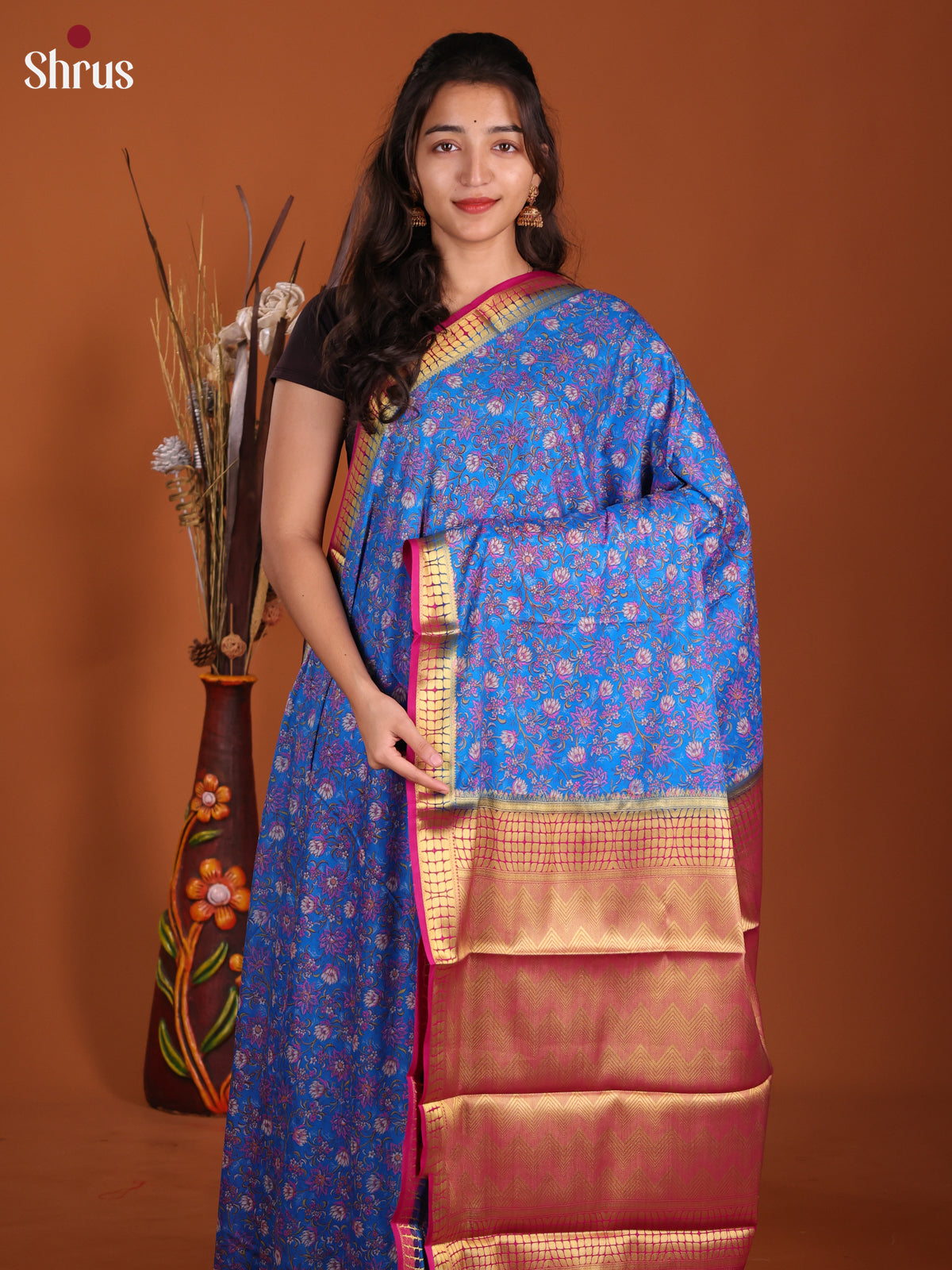 Blue & Pink - Semi Mysoresilk Saree