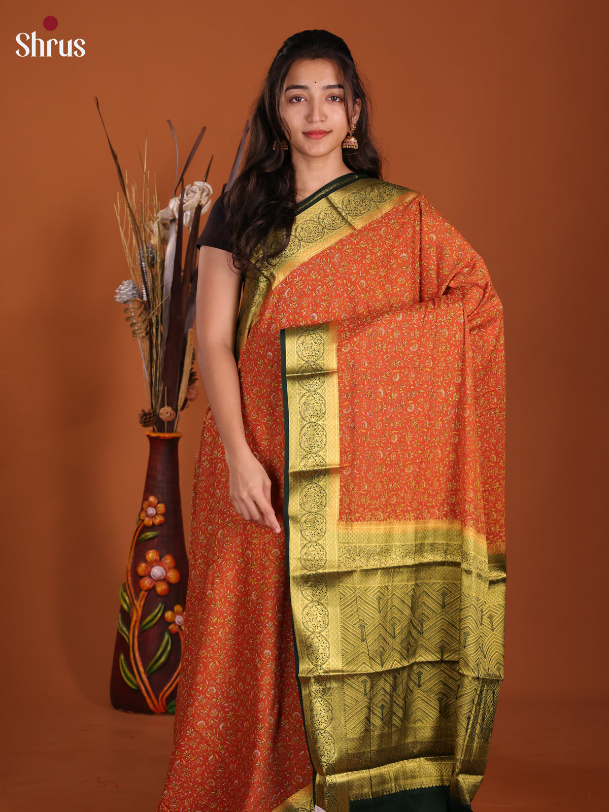 Orange & Green - Semi Mysoresilk Saree