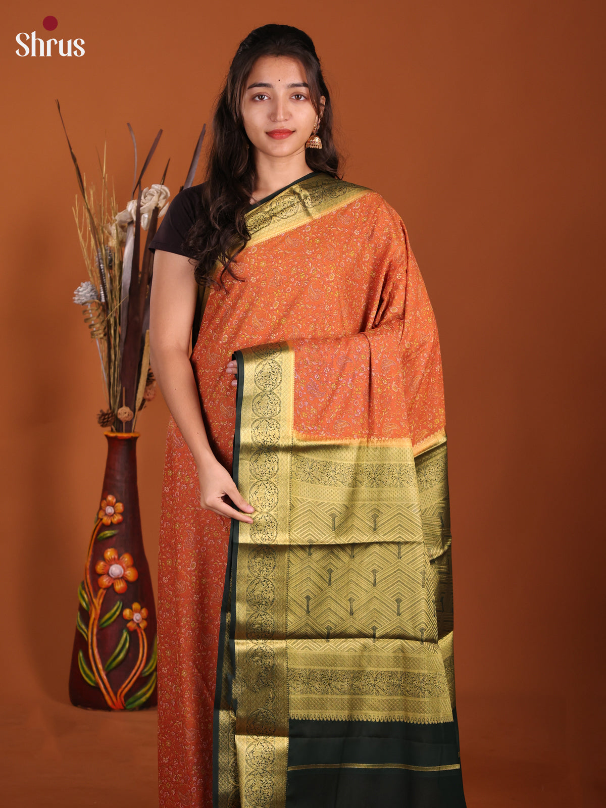 orange & Green- Semi Mysoresilk Saree - Shop on Shrus.com