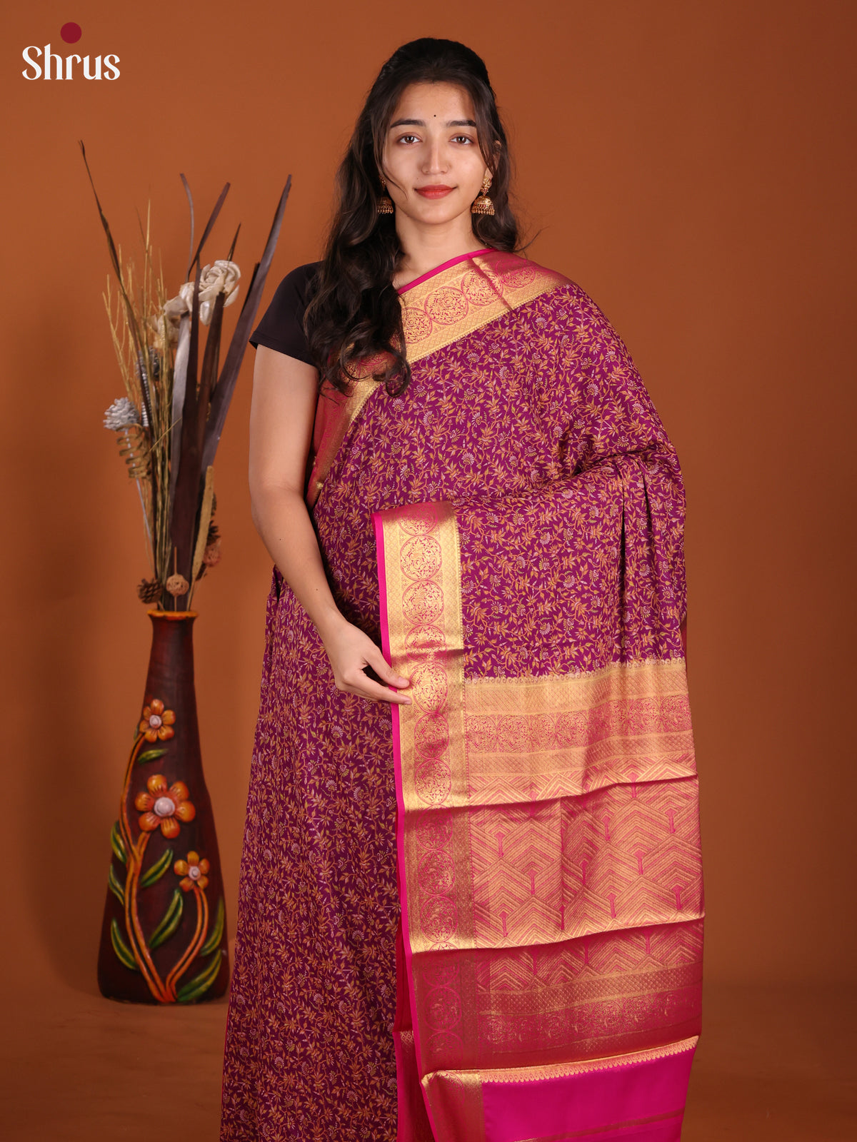 Purple & Pink - Semi Mysoresilk Saree - Shop on Shrus.com