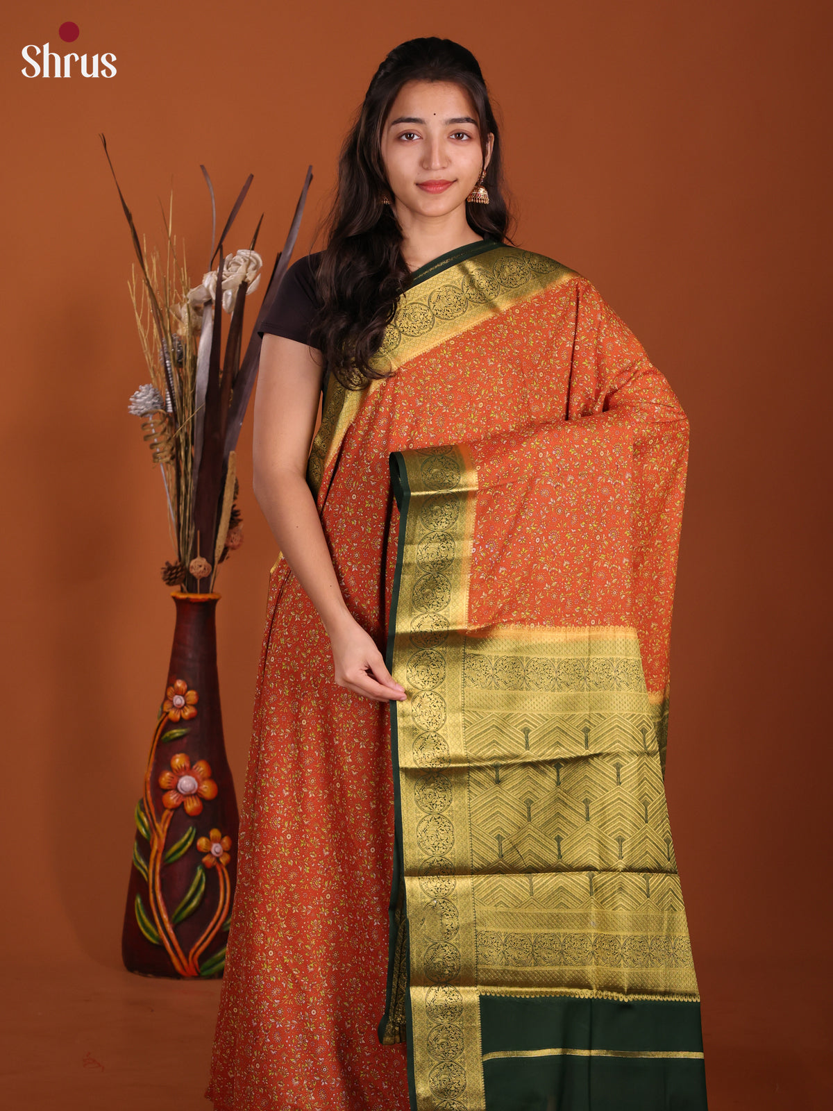 Orange & Green- Semi Mysoresilk Saree