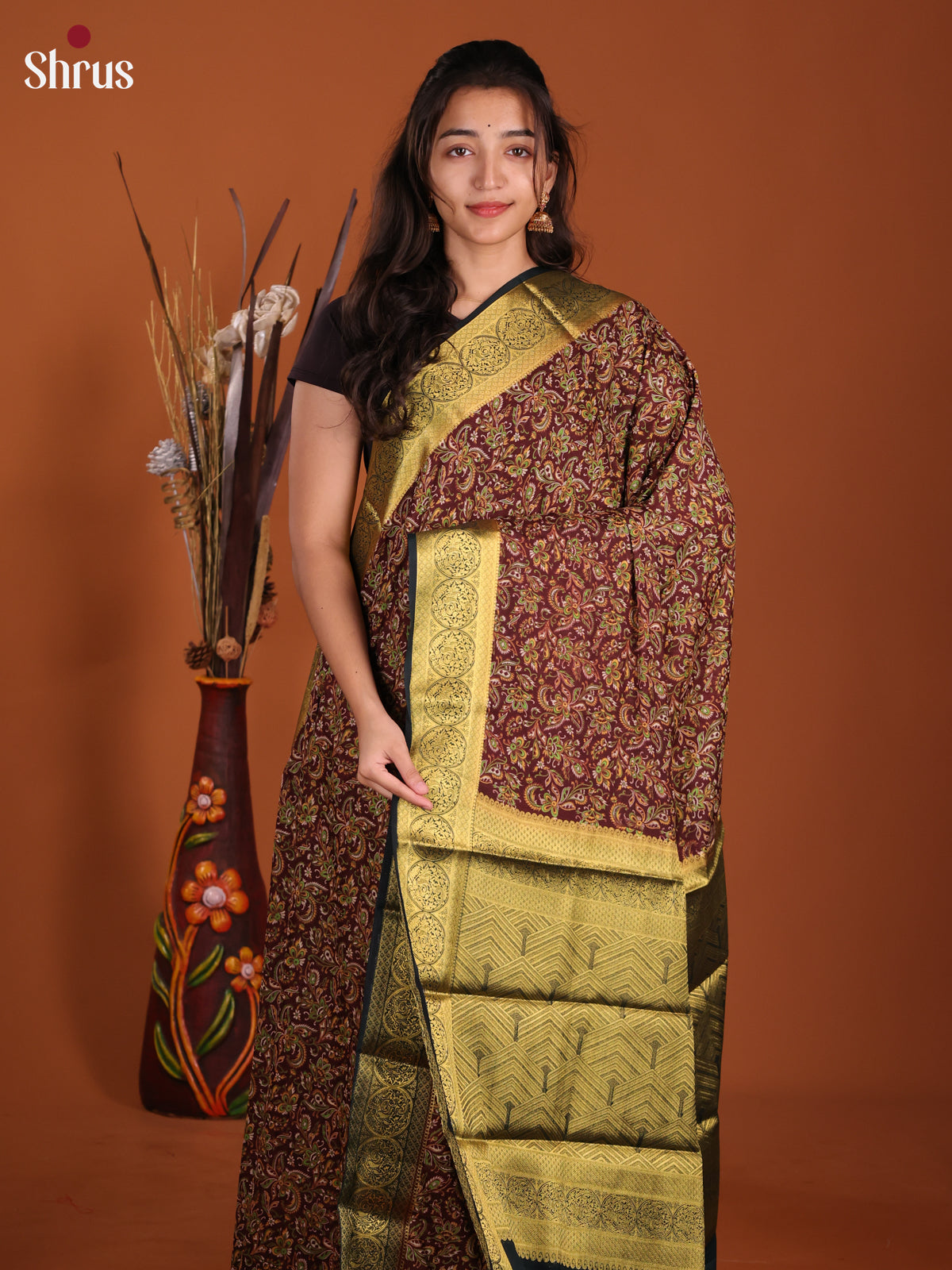 Maroon & Dark Green - Semi Mysoresilk Saree - Shop on Shrus.com