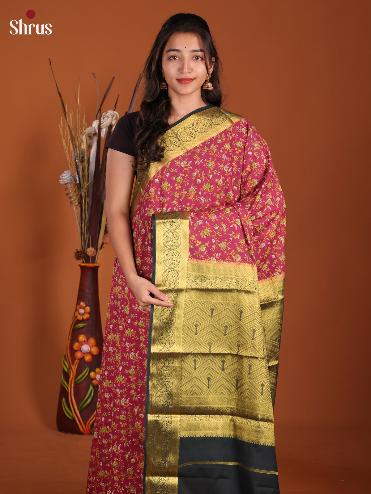 Pink & Green- Semi Mysoresilk Saree - Shop on Shrus.com