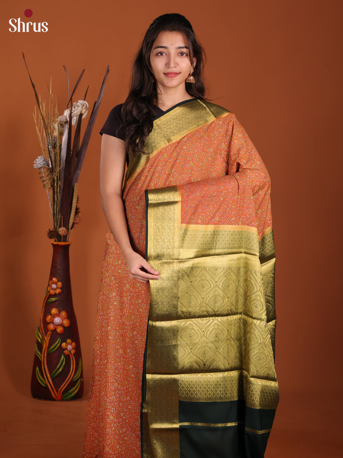 Orange & Green - Semi Mysoresilk Saree