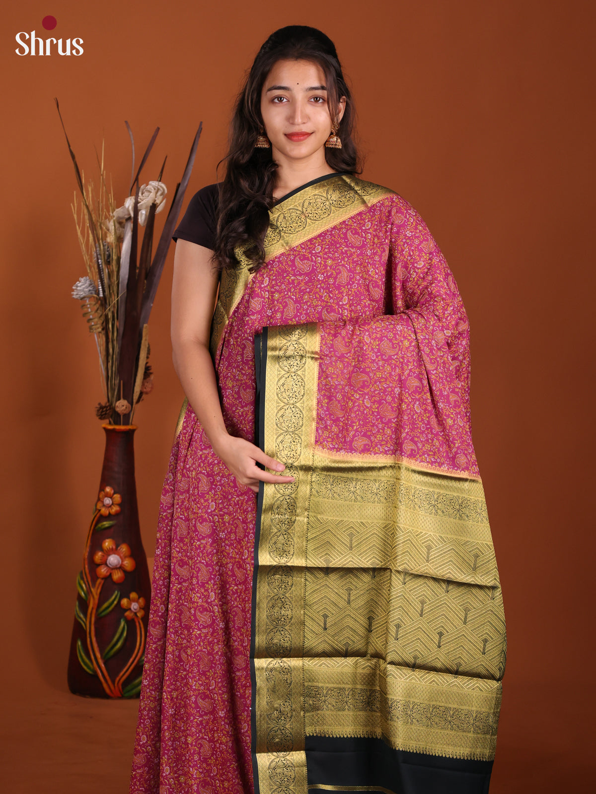 Pink & Black - Semi Mysoresilk Saree - Shop on Shrus.com