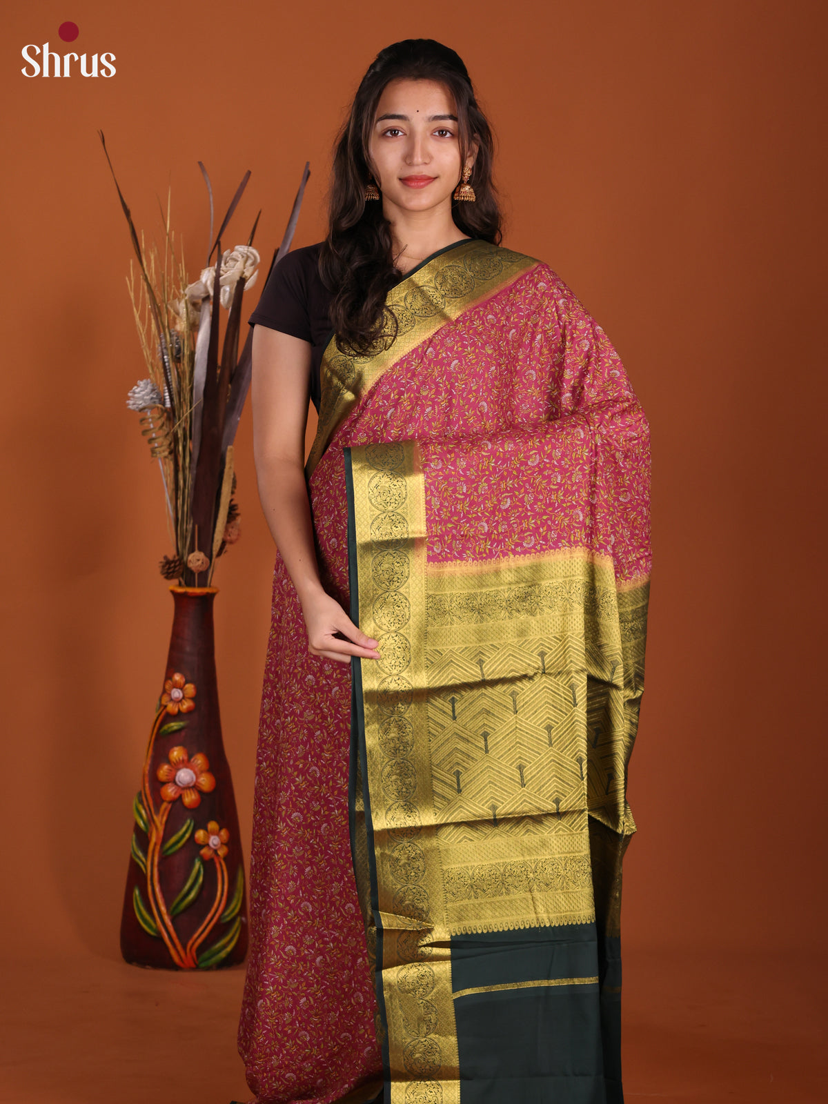 Pink & Dark Green - Semi Mysoresilk Saree - Shop on Shrus.com