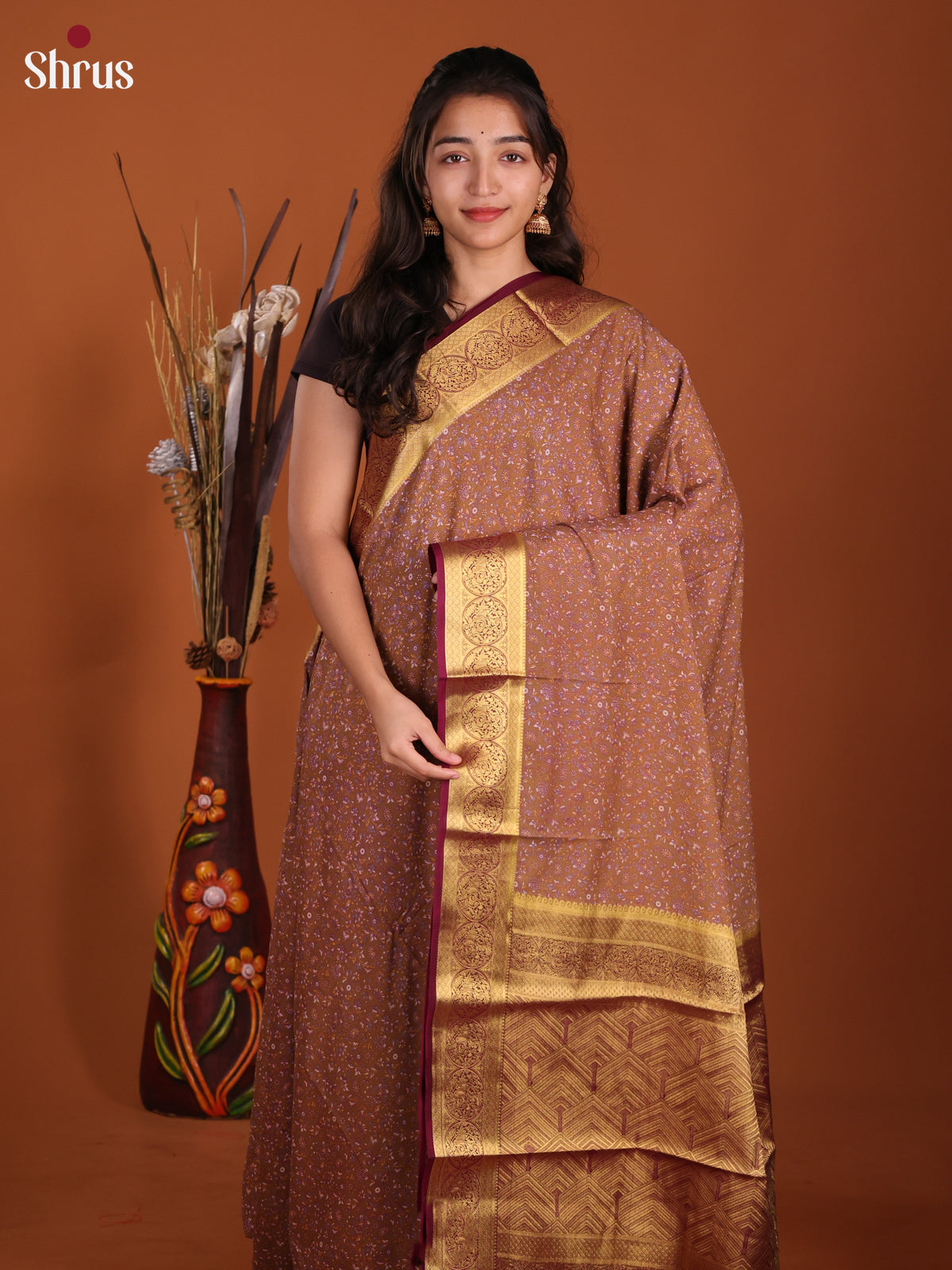 Mehandi & Maroon - Semi Mysoresilk Saree