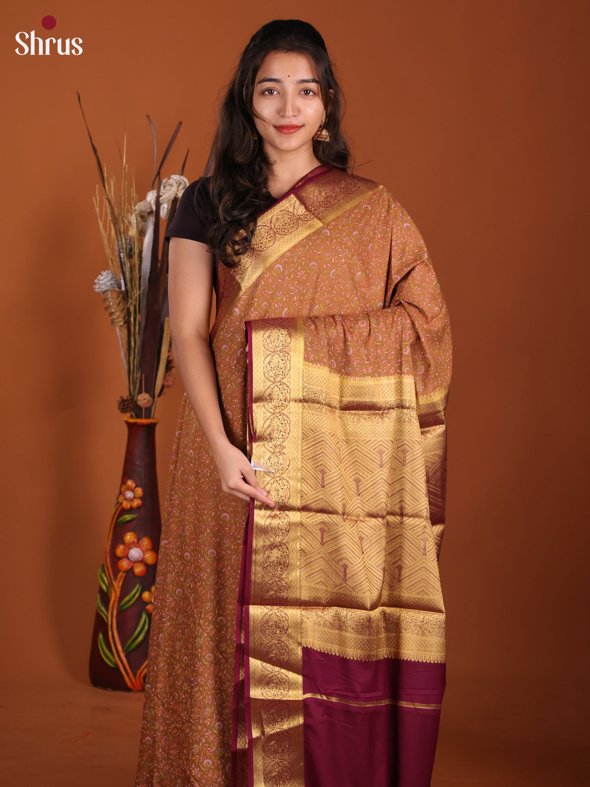 Mehandi & Maroon - Semi Mysoresilk Saree