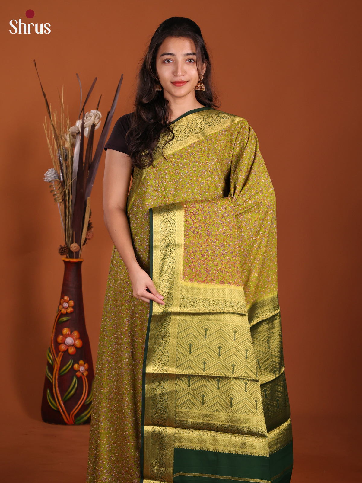Light Green & green - Semi Mysoresilk Saree