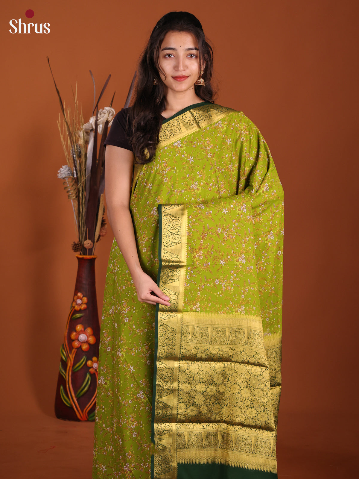 Light Green & Green - Semi Mysoresilk Saree - Shop on Shrus.com