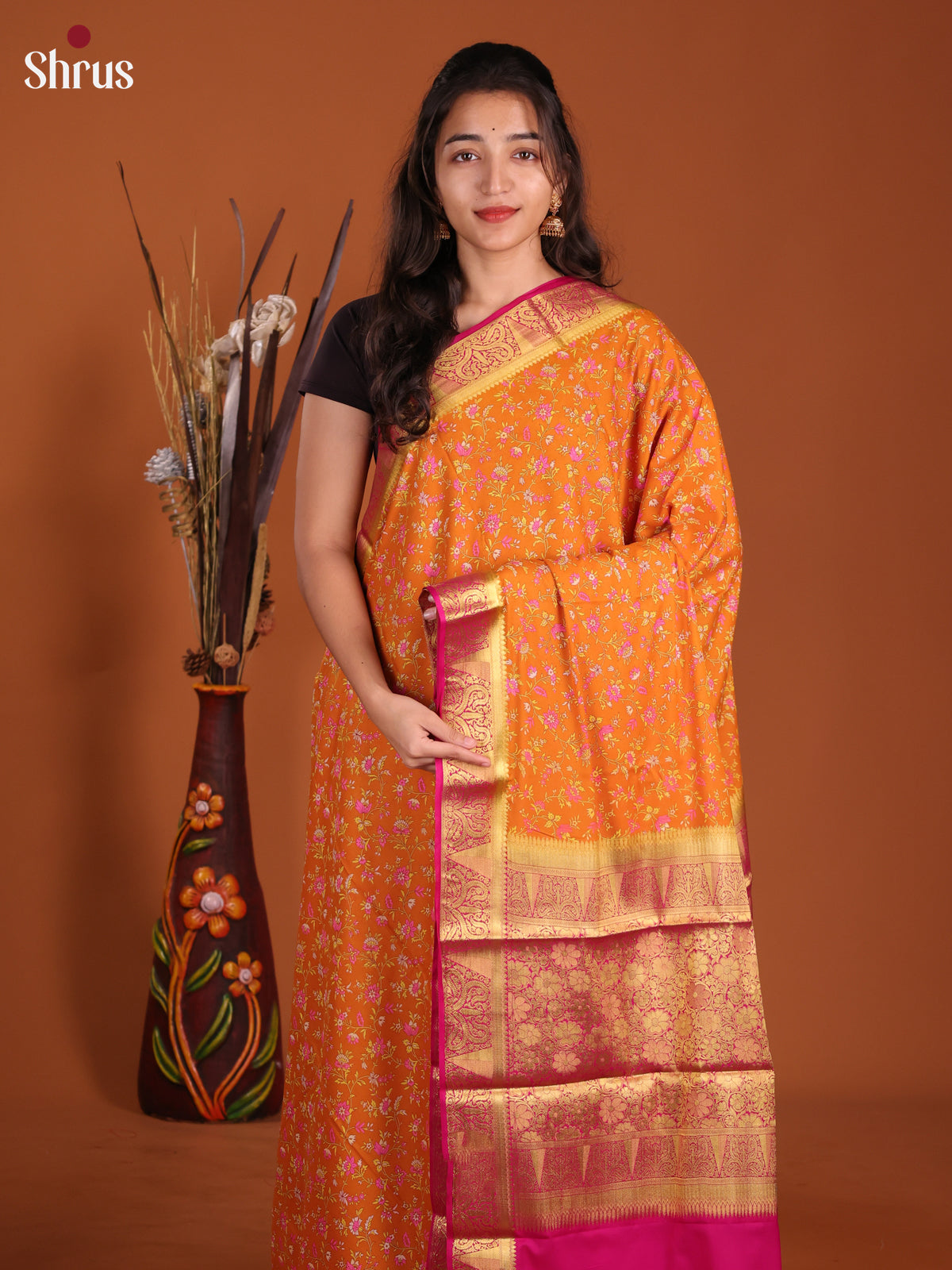 Orange & Pink - Semi Mysoresilk Saree - Shop on Shrus.com