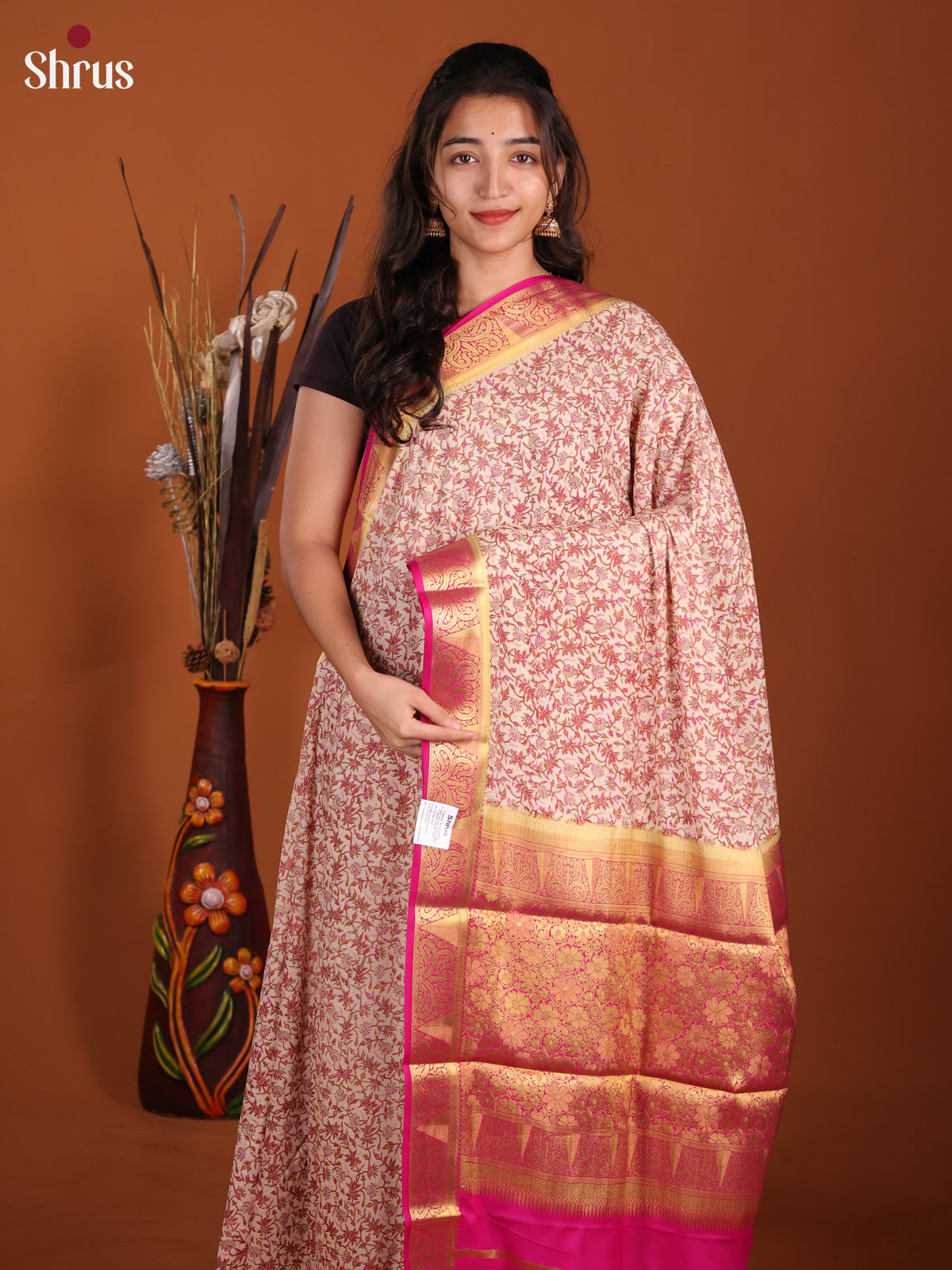 Cream & Pink - Semi Mysoresilk Saree