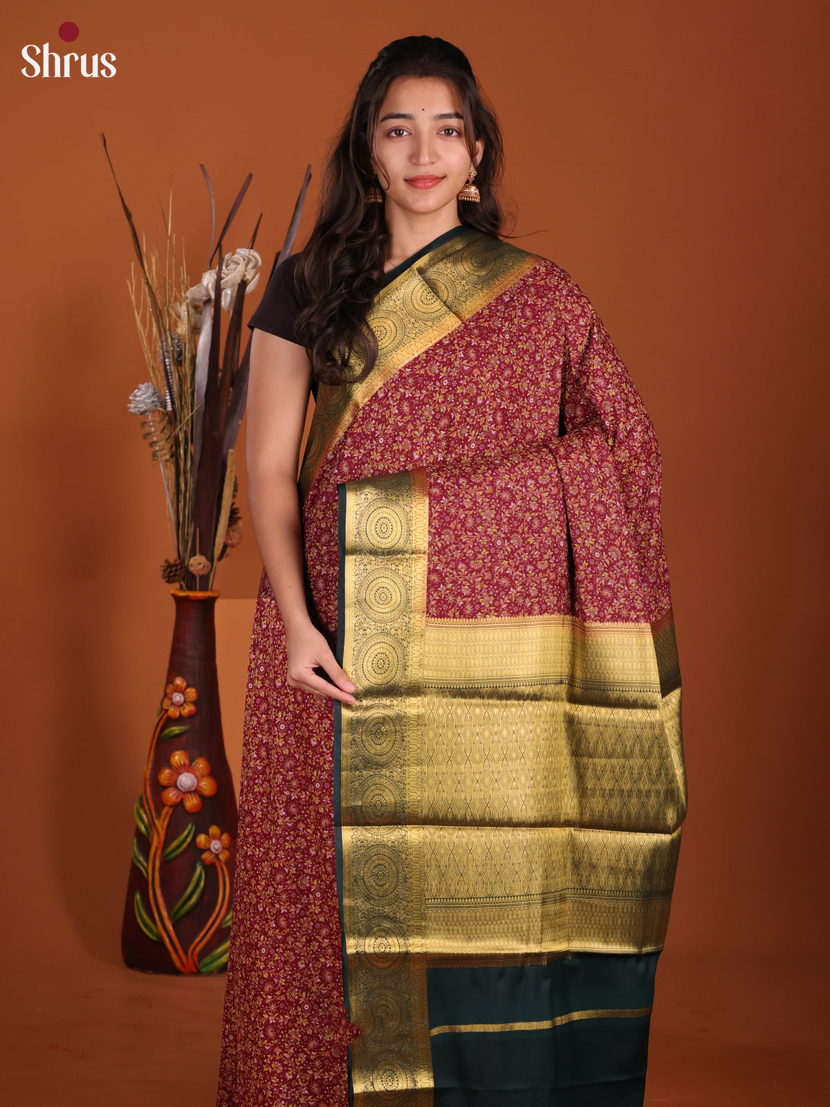 Maroon & Green - Semi Mysoresilk Saree