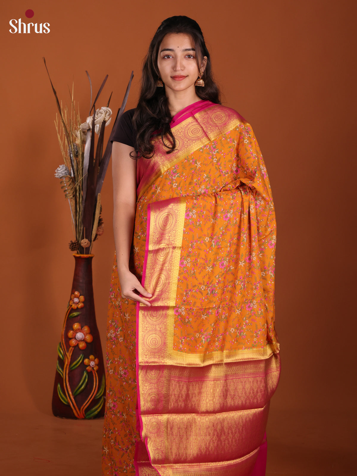 Orange & Pink - Semi Mysoresilk Saree - Shop on Shrus.com