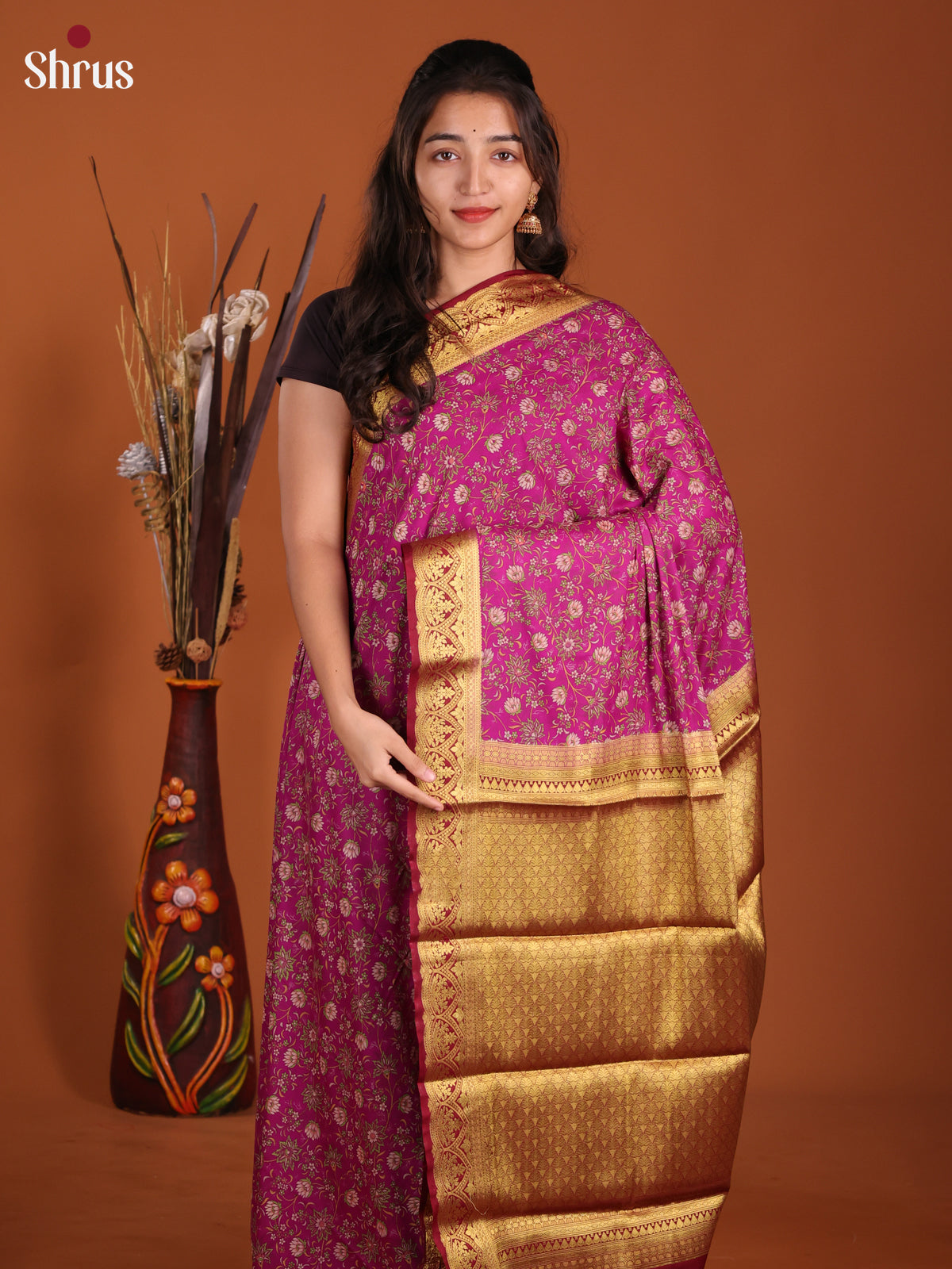 Pink & Maroon - Semi Mysoresilk Saree