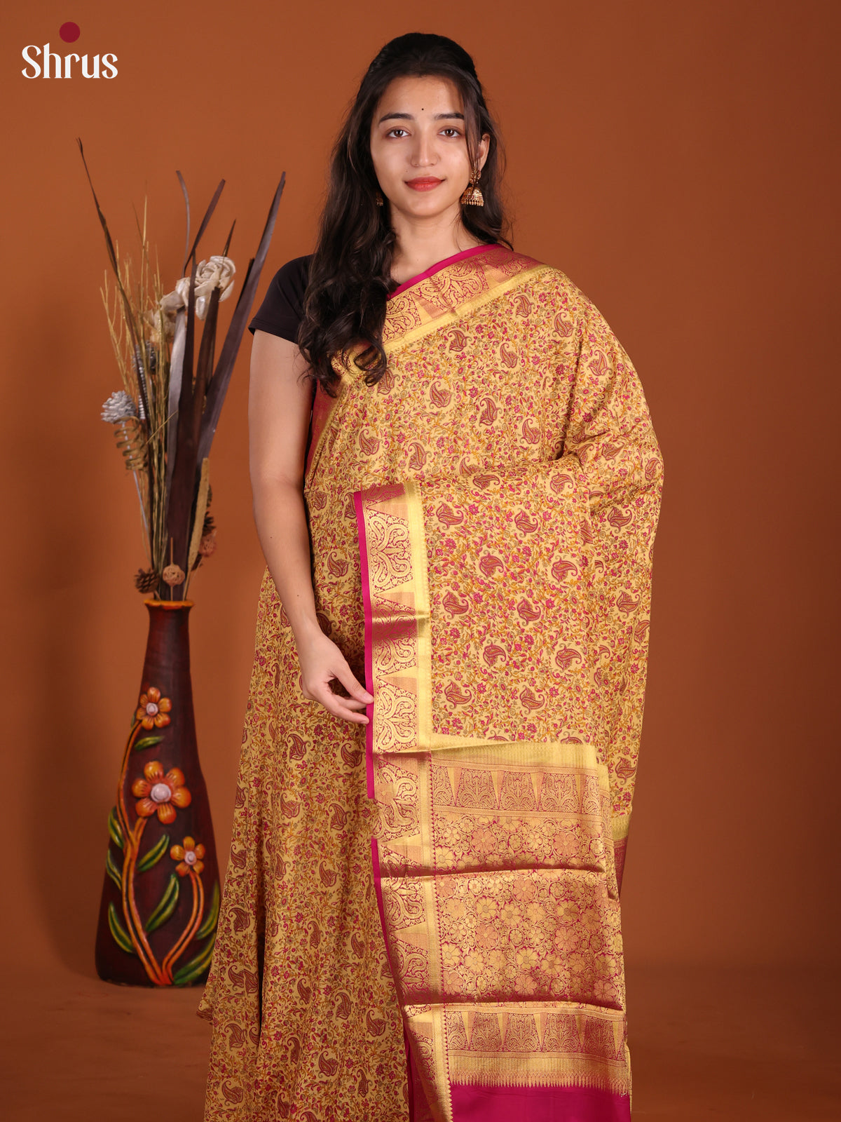 Beige & Maroon- Semi Mysoresilk Saree - Shop on Shrus.com