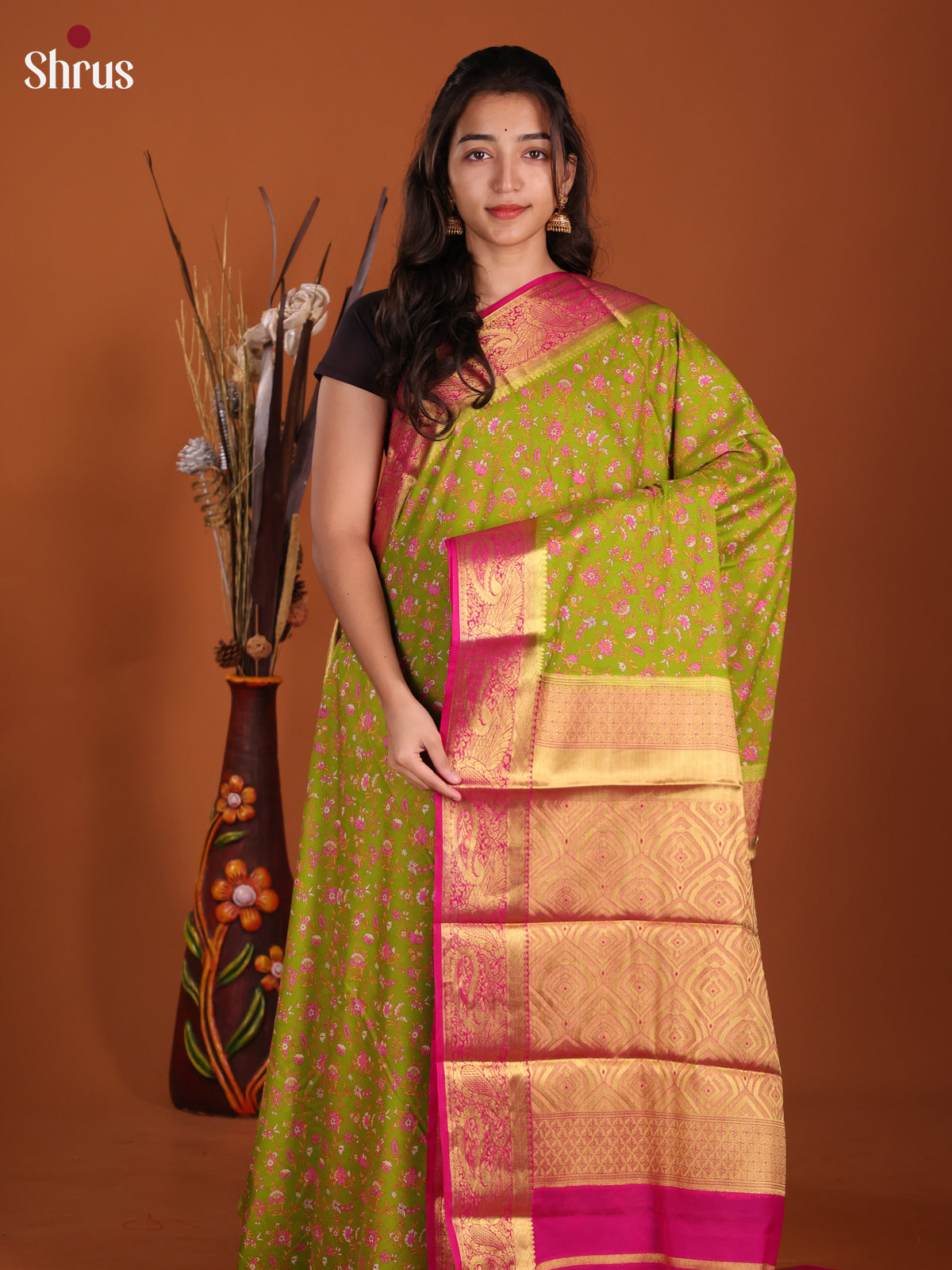 Light Green & Pink - Semi Mysoresilk Saree