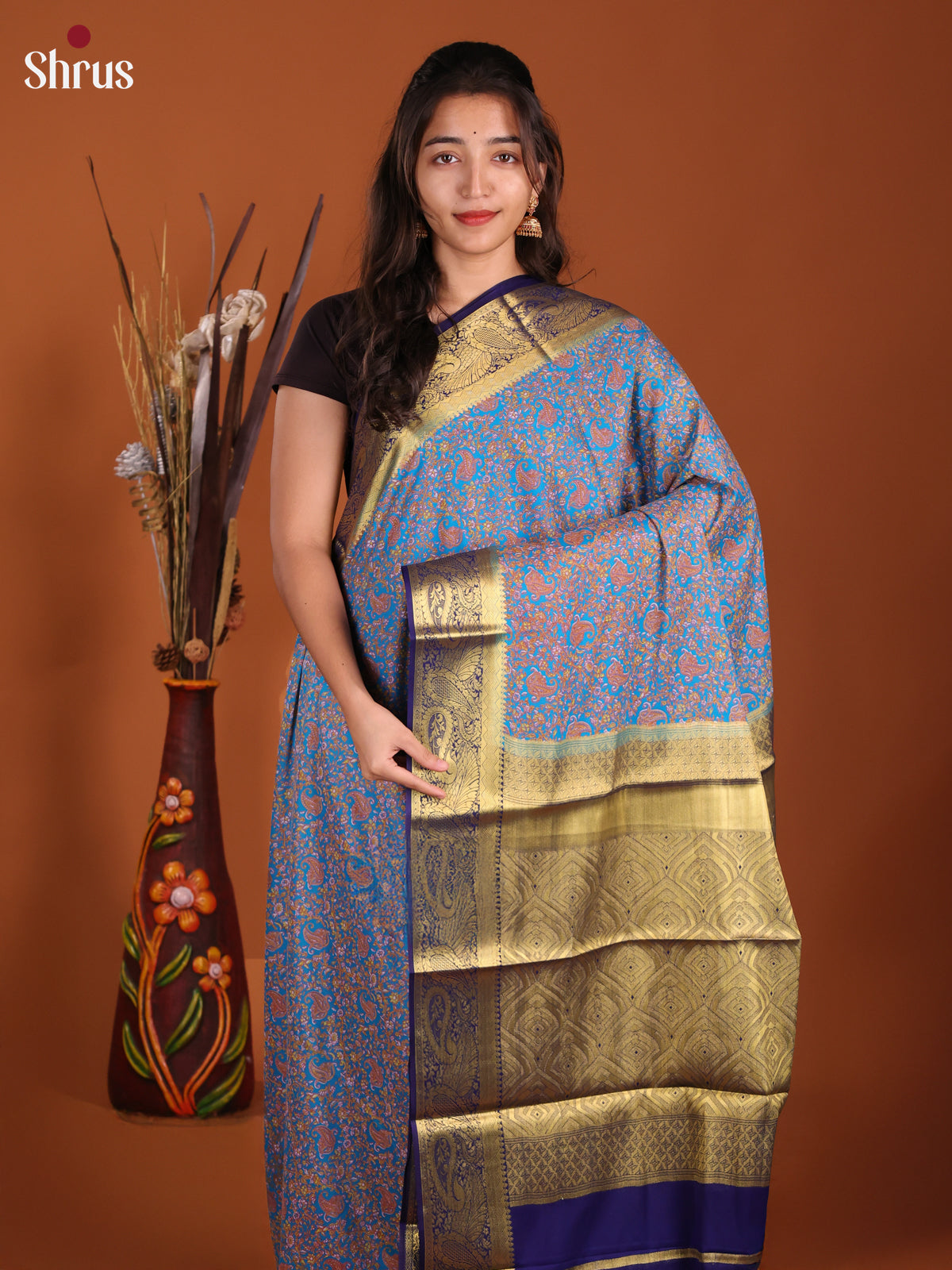 Light Blue & Blue- Semi Mysoresilk Saree - Shop on Shrus.com