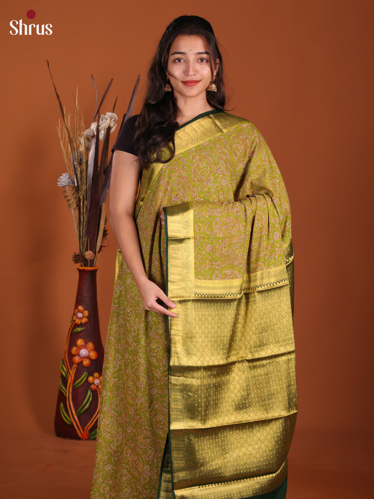 Light Green & Green - Semi Mysoresilk Saree - Shop on Shrus.com