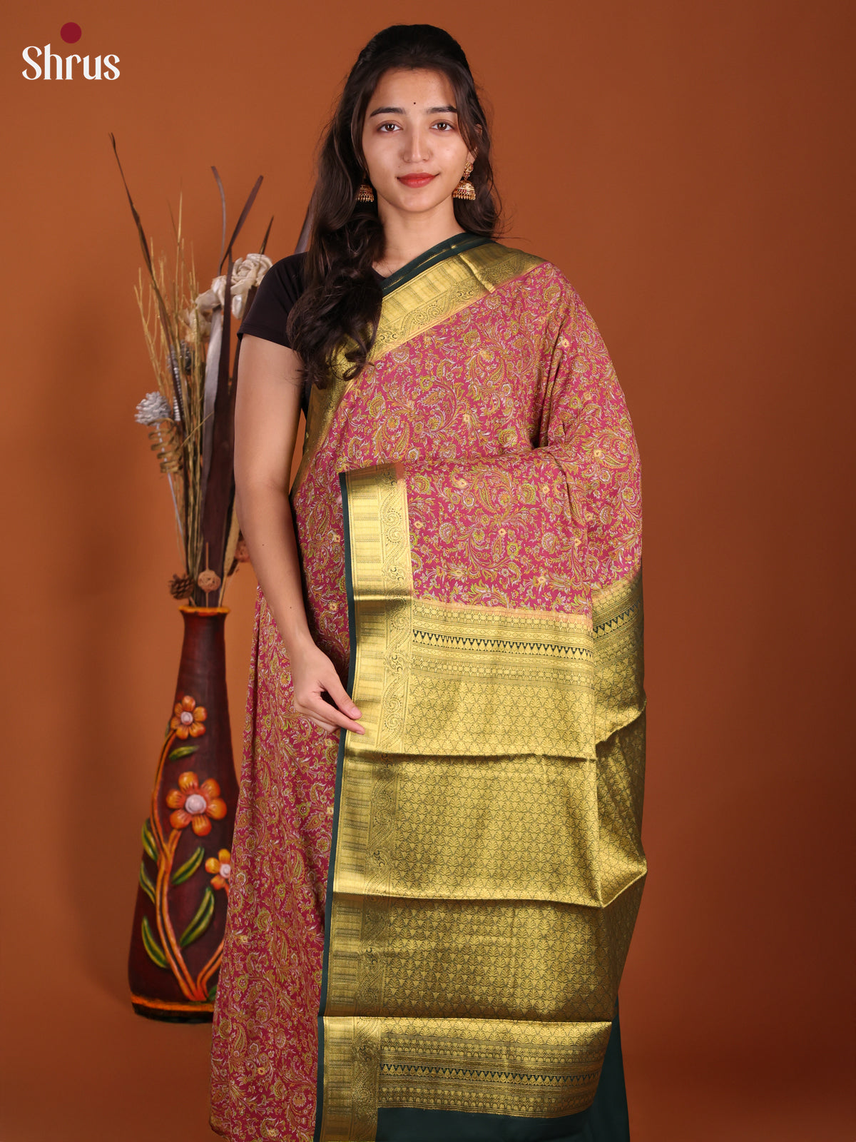 Deep Pink & Green - Semi Mysoresilk Saree - Shop on Shrus.com