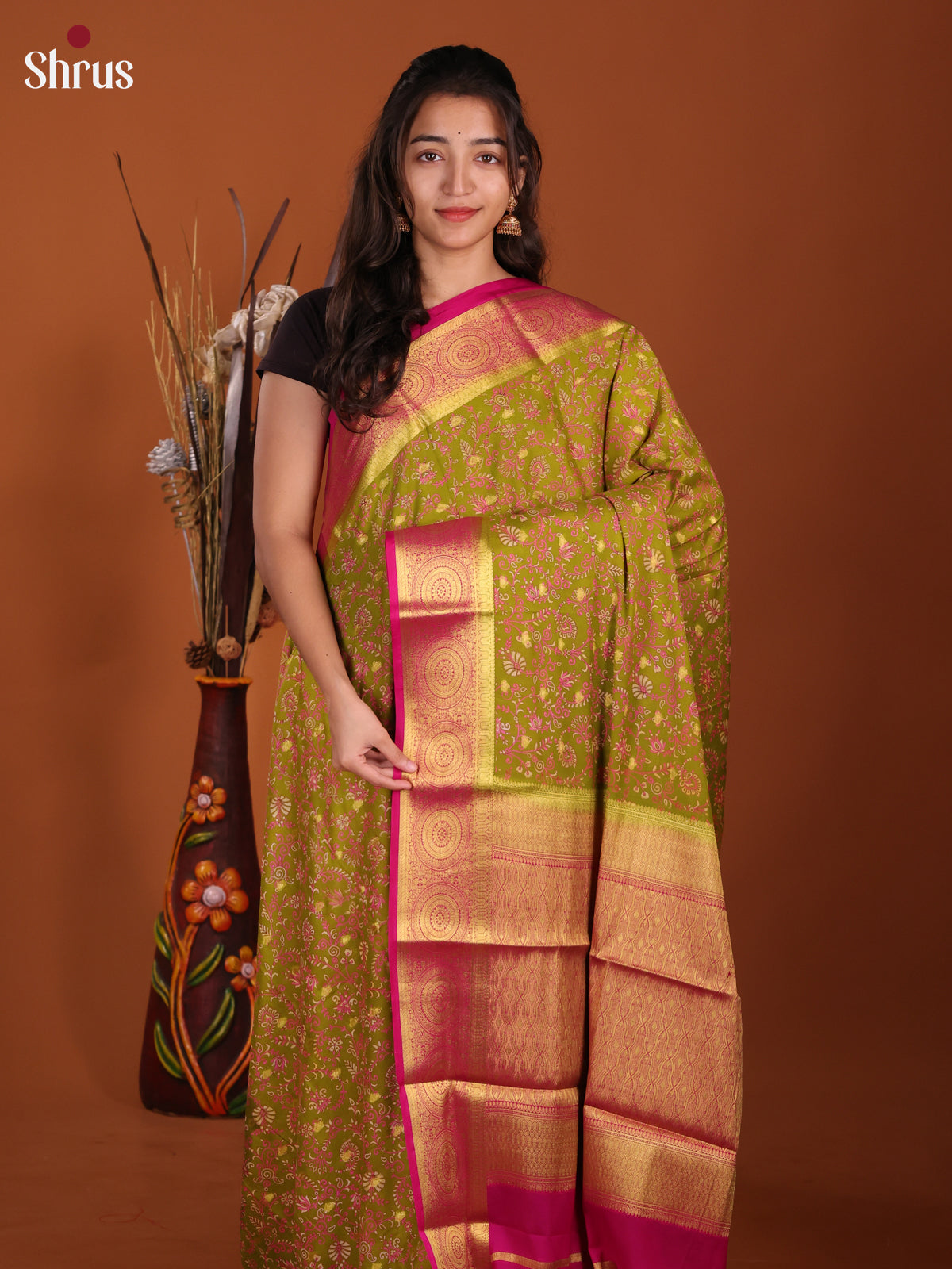 Green & Pink - Semi Mysoresilk Saree