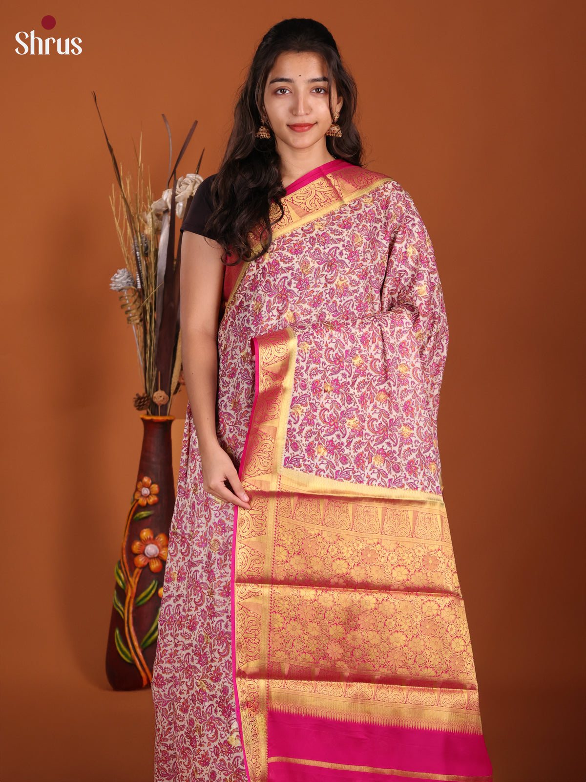 Grey & Pink - Semi Mysoresilk Saree