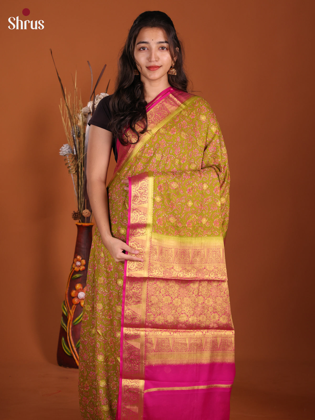 Light Green & Pink - Semi Mysoresilk Saree