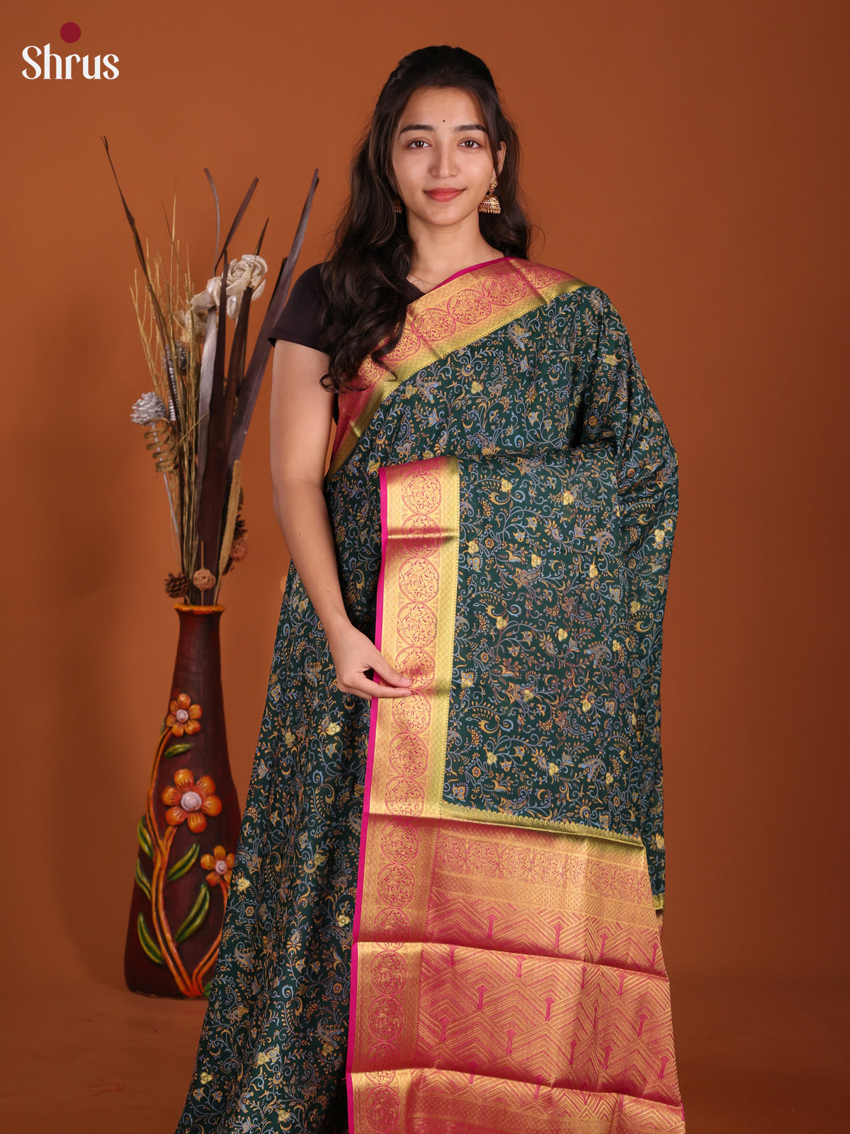 Dark Green & Pink- Semi Mysoresilk Saree - Shop on Shrus.com