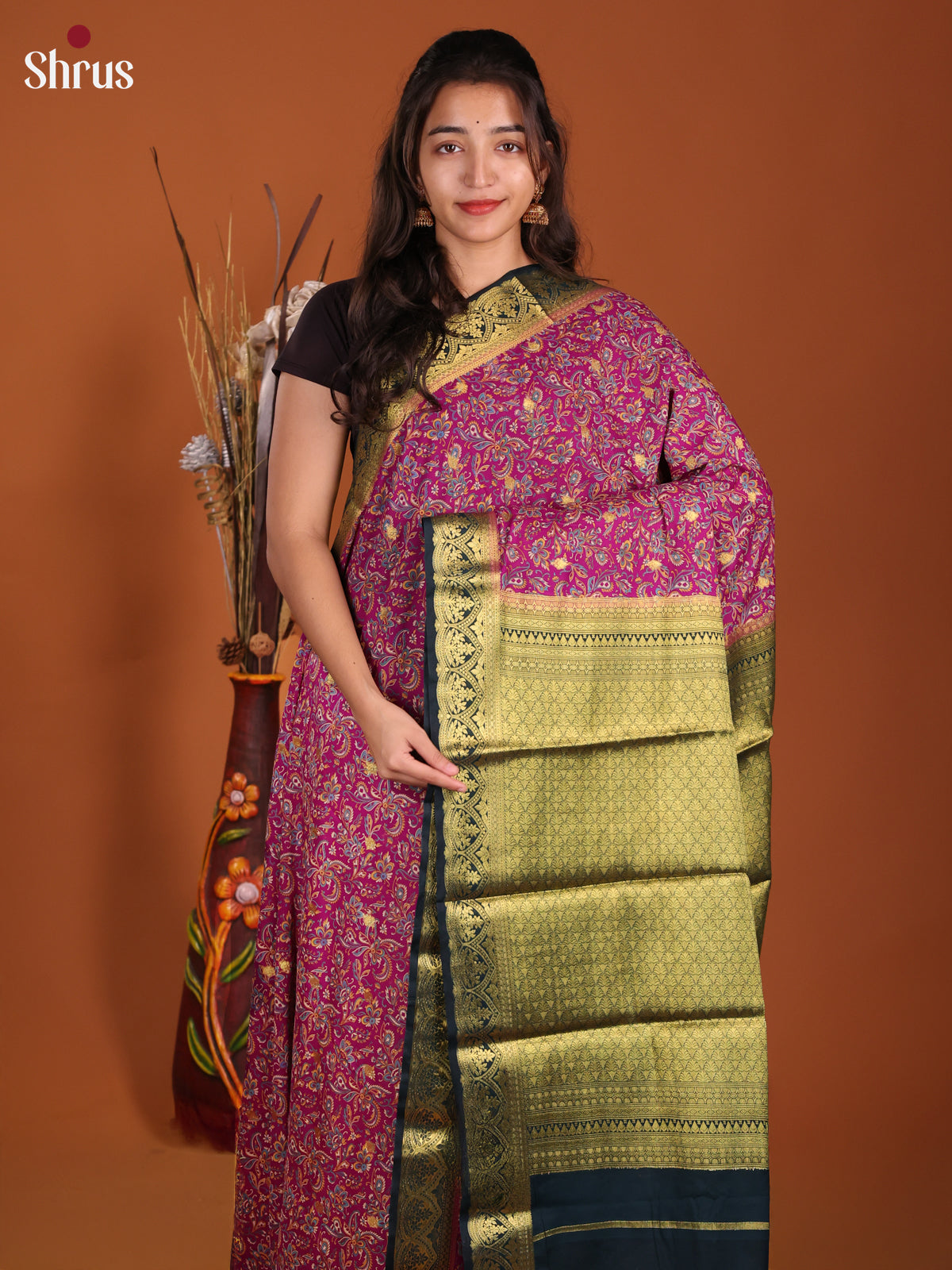 Majenta & Peacock Green - Semi Mysoresilk Saree - Shop on Shrus.com