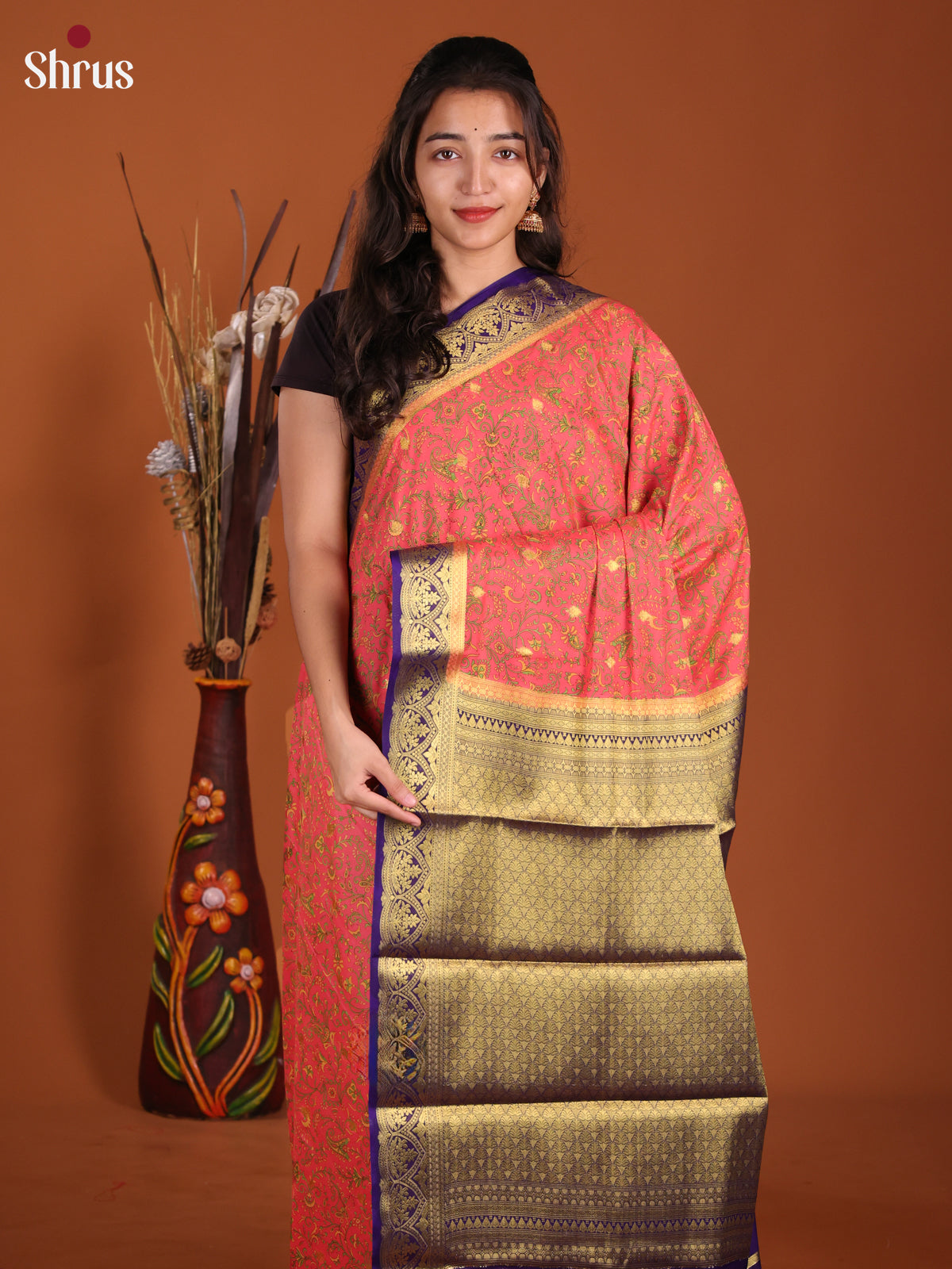 Orangish Pink & Violet - Semi Mysoresilk Saree - Shop on Shrus.com