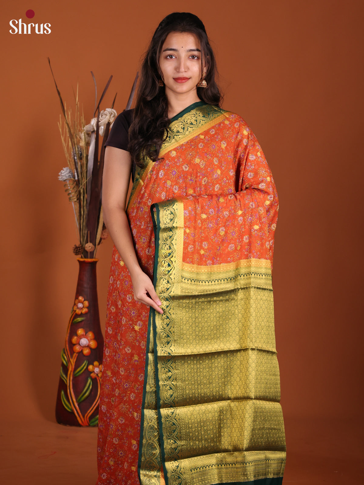 Orange & Green - Semi Mysoresilk Saree - Shop on Shrus.com