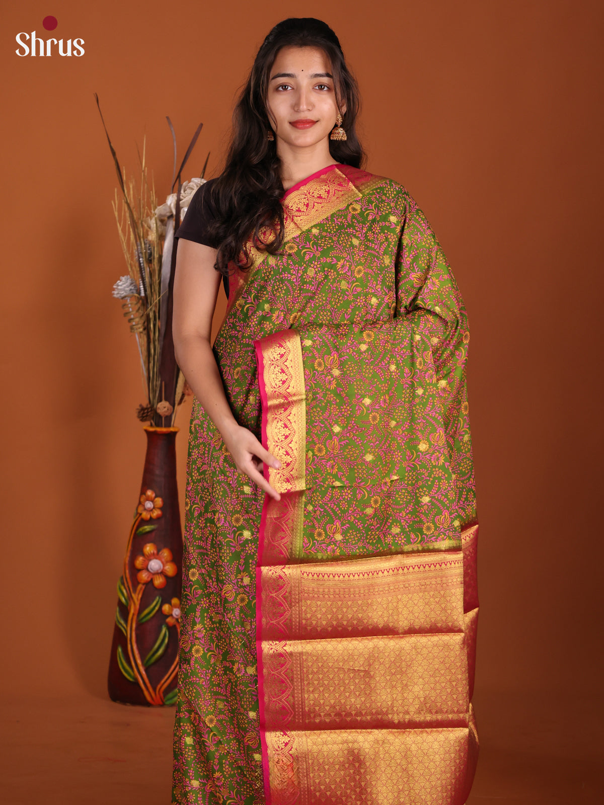 Green & Pink - Semi Mysoresilk Saree - Shop on Shrus.com