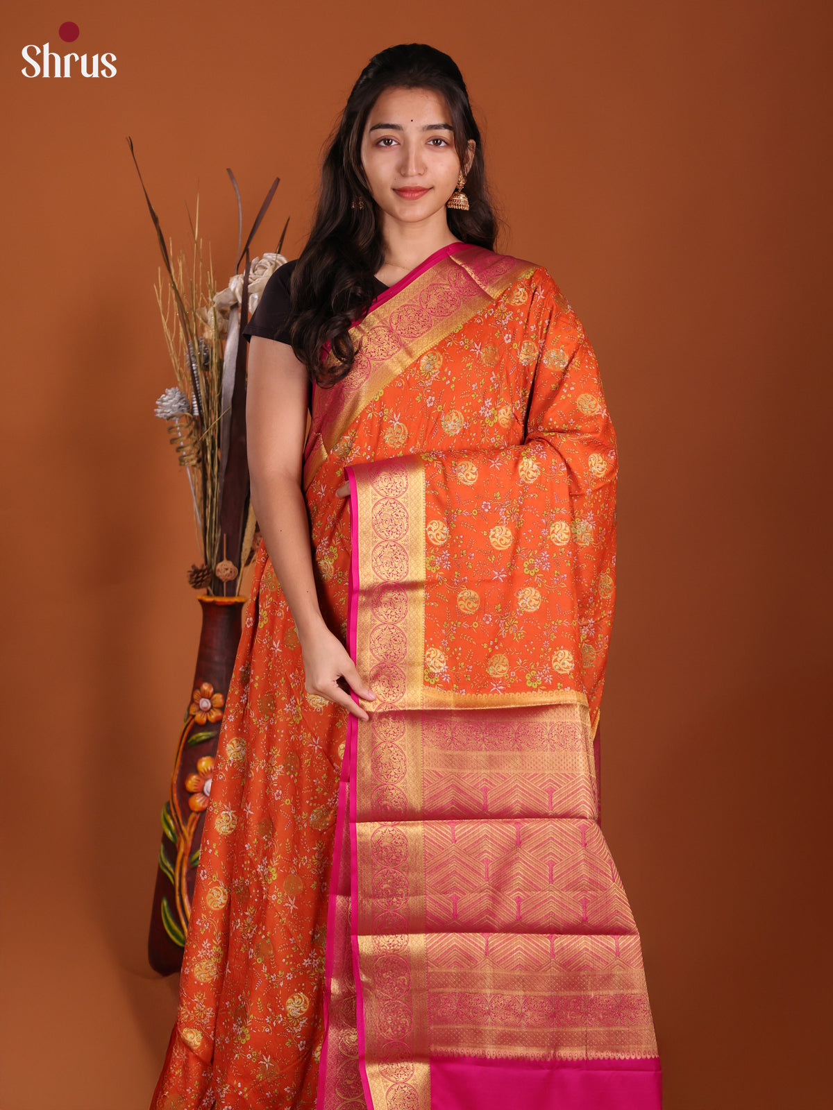 Orange & Pink - Semi Mysoresilk Saree - Shop on Shrus.com