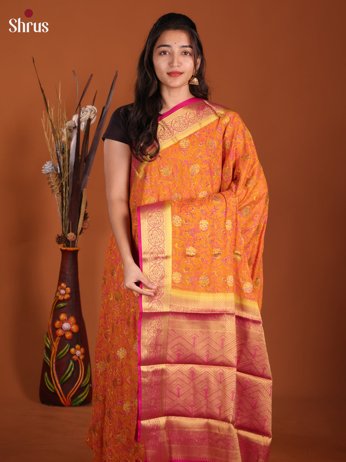 Orange & Pink - Semi Mysoresilk Saree - Shop on Shrus.com