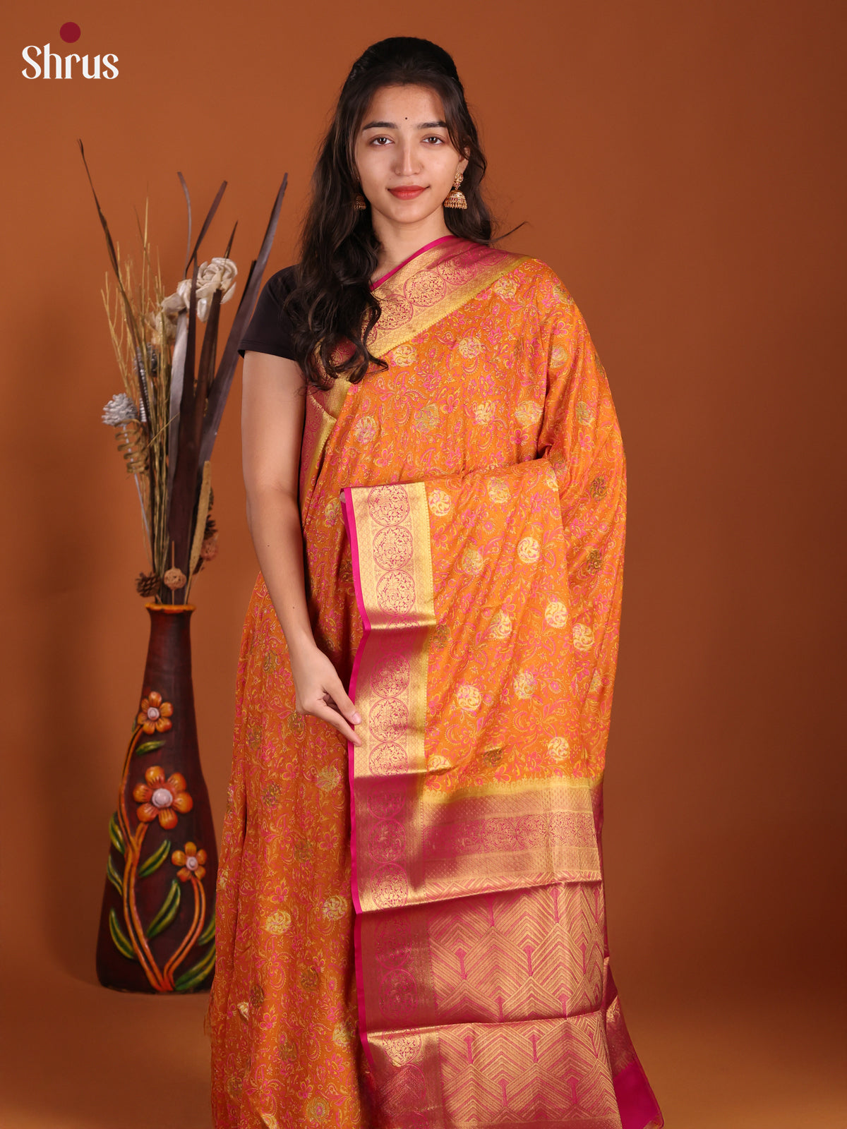 Orange & Pink - Semi Mysoresilk Saree - Shop on Shrus.com