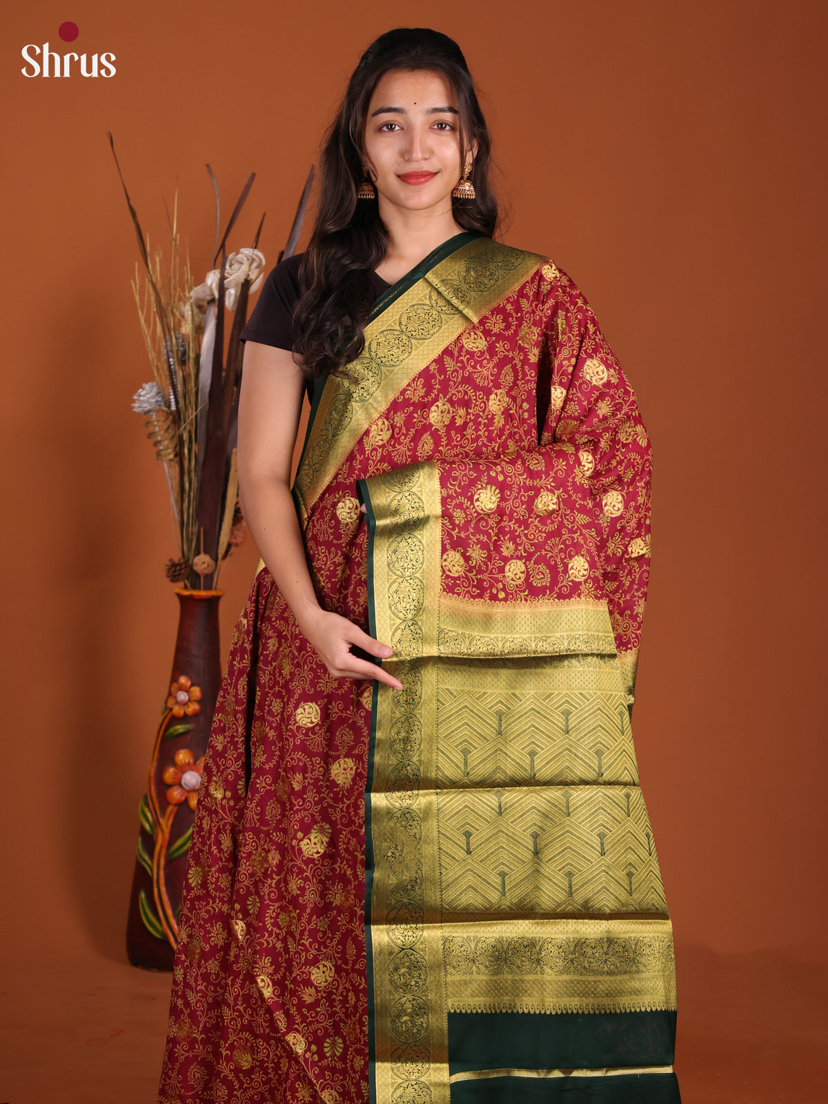 Maroon & Green - Semi Mysoresilk Saree - Shop on Shrus.com