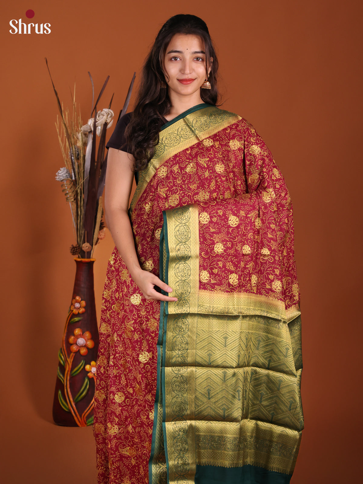 Maroon & Green - Semi Mysoresilk Saree