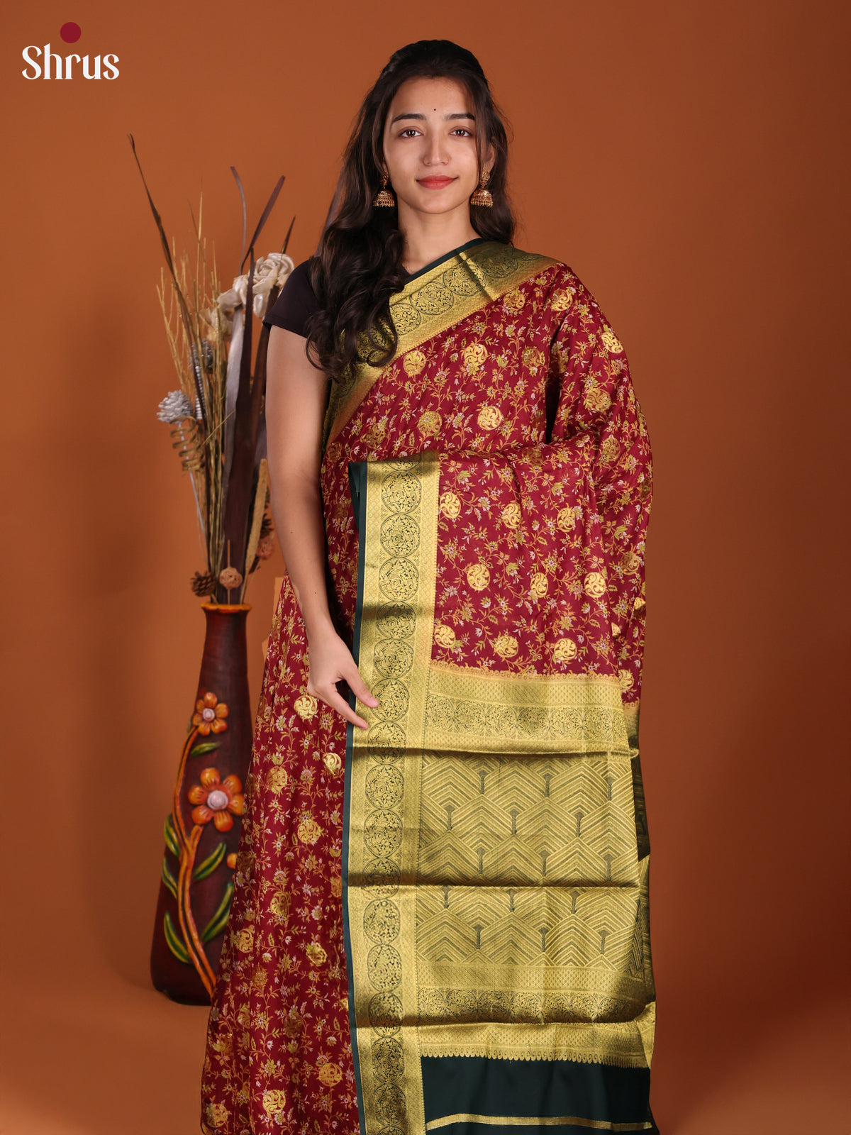 Maroon & Green - Semi Mysoresilk Saree