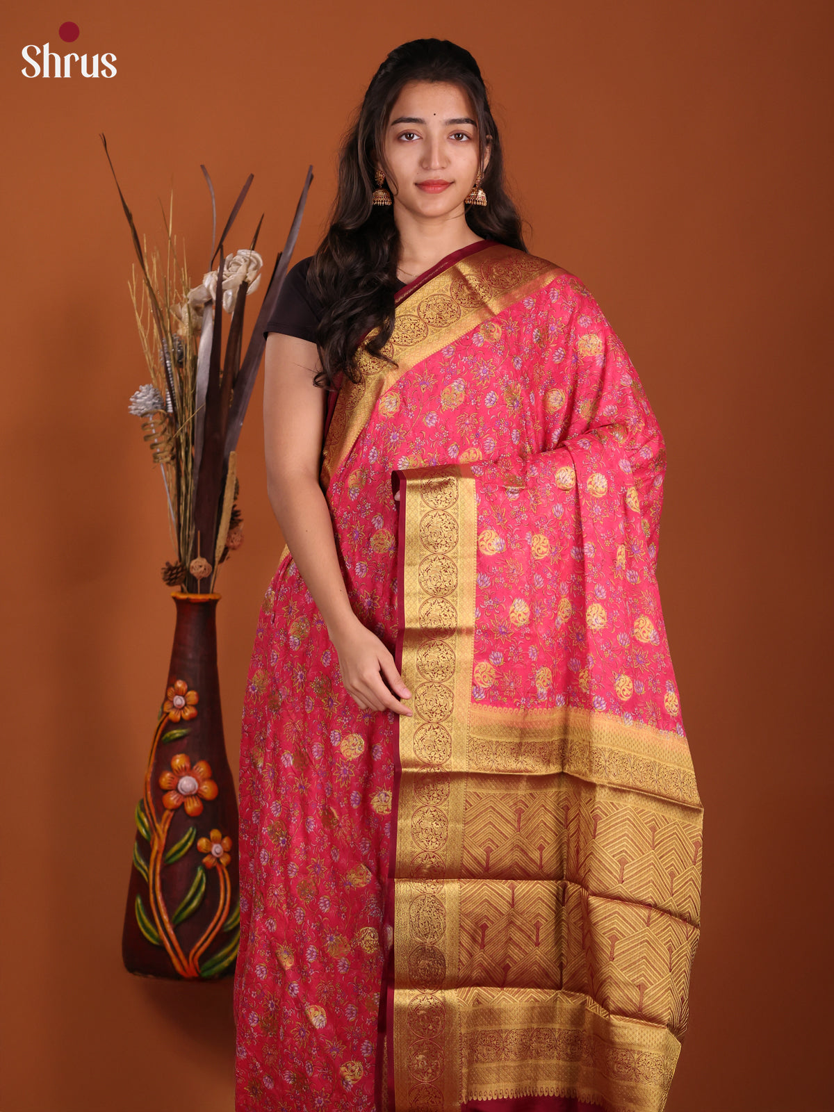 Pink & Maroon - Semi Mysoresilk Saree