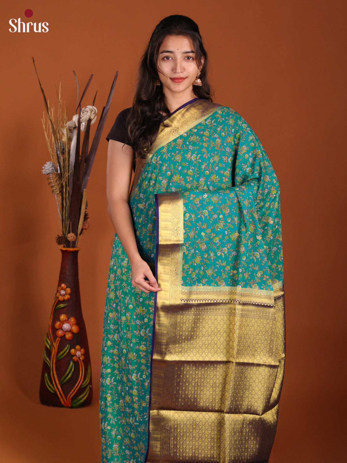 Teal & Blue - Semi Mysoresilk Saree