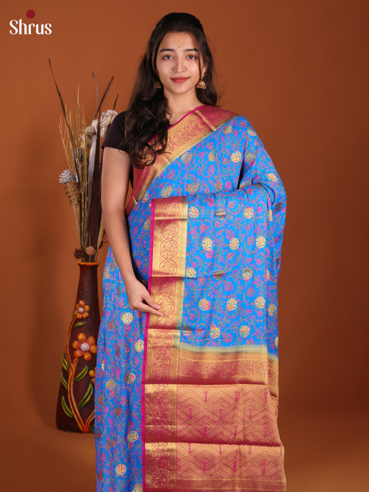 Blue & Pink - Semi Mysoresilk Saree