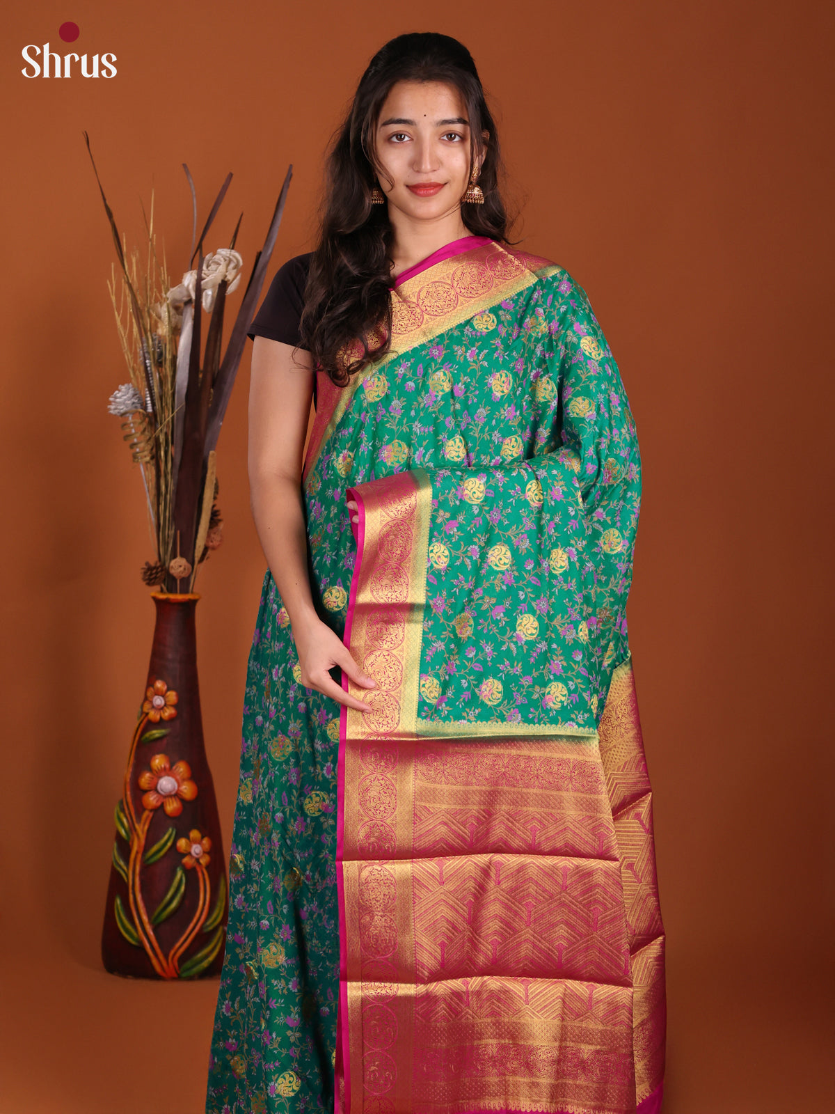 Green & Pink - Semi Mysoresilk Saree