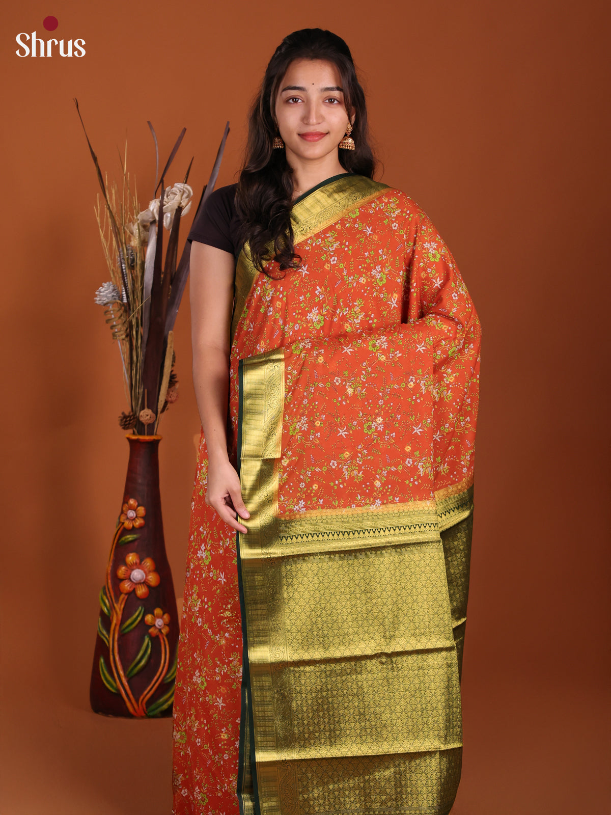Orange & Green- Semi Mysoresilk Saree
