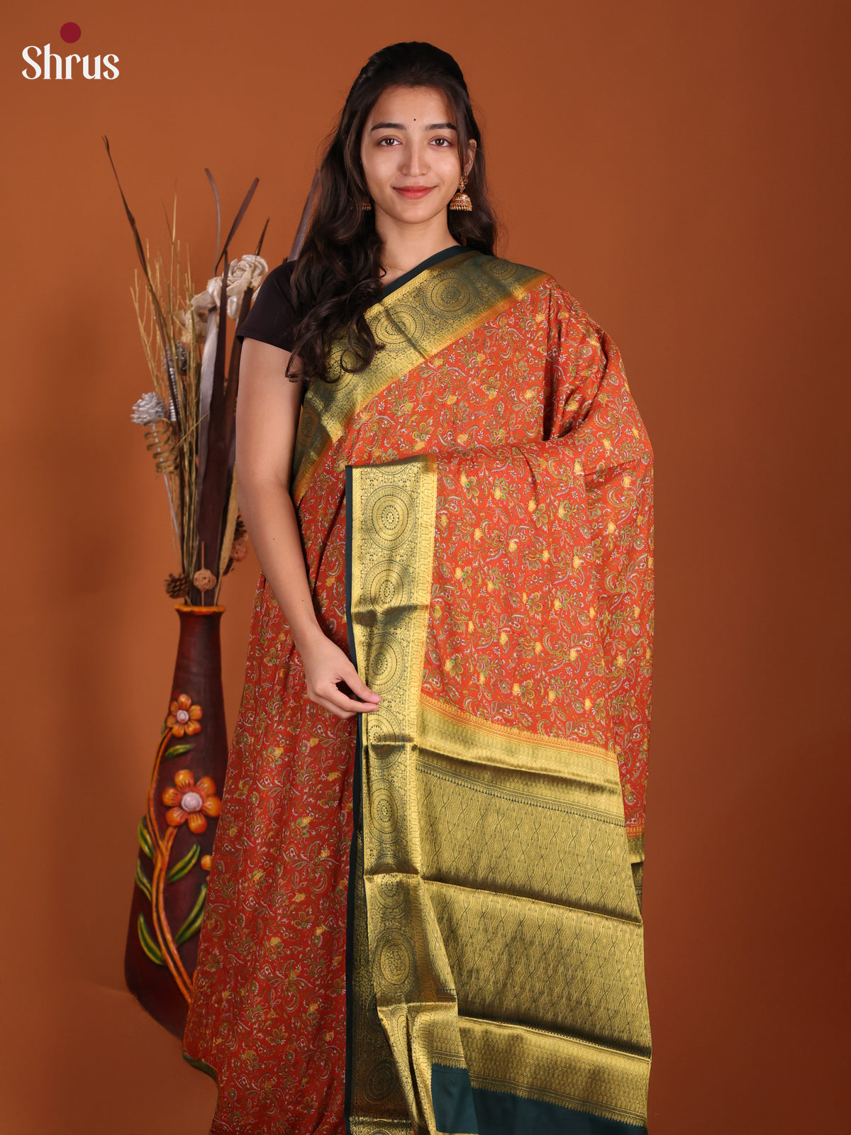 Orange & Green- Semi Mysoresilk Saree