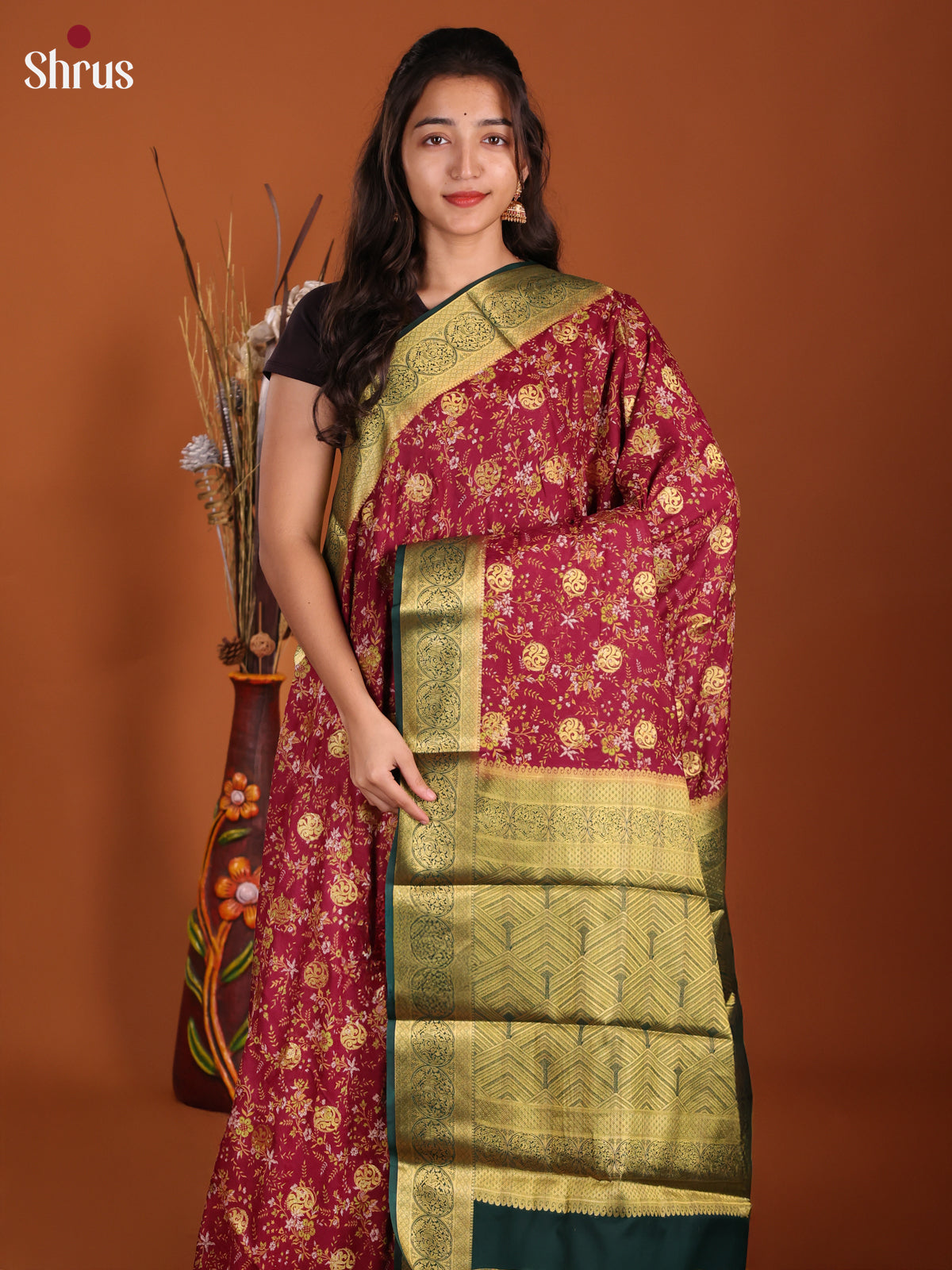 Maroon & Green - Semi Mysoresilk Saree - Shop on Shrus.com